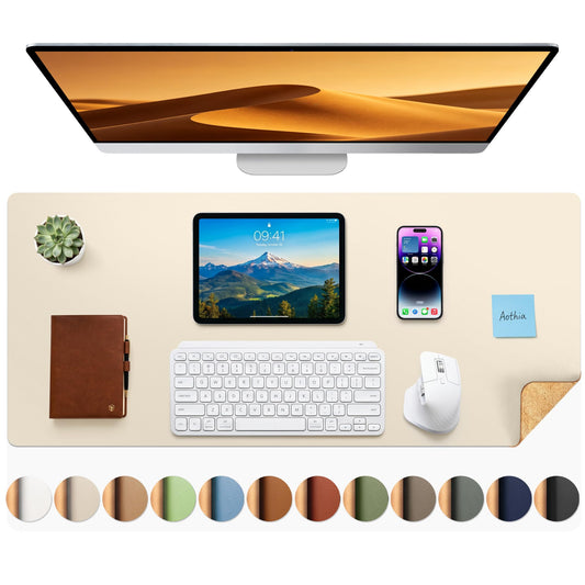 Aothia Dual-Sided Desk Mat - Leather & Cork Desk Protector, Large Mouse Pad & Writing Pad for Office/Home, Waterproof, Beige (35.4" x 15.7")