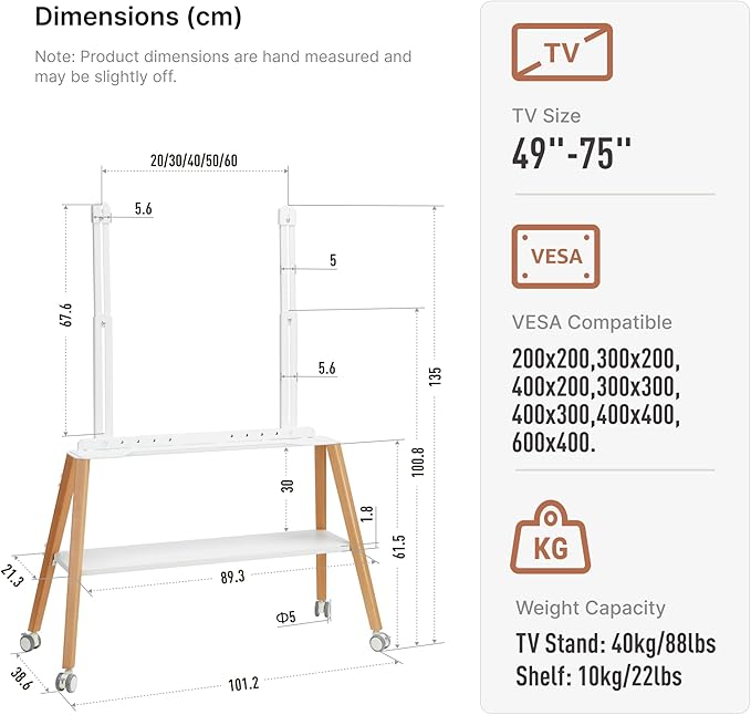 Rolling Easel TV Stand for 49–75 Inch TVs, Mobile TV Cart