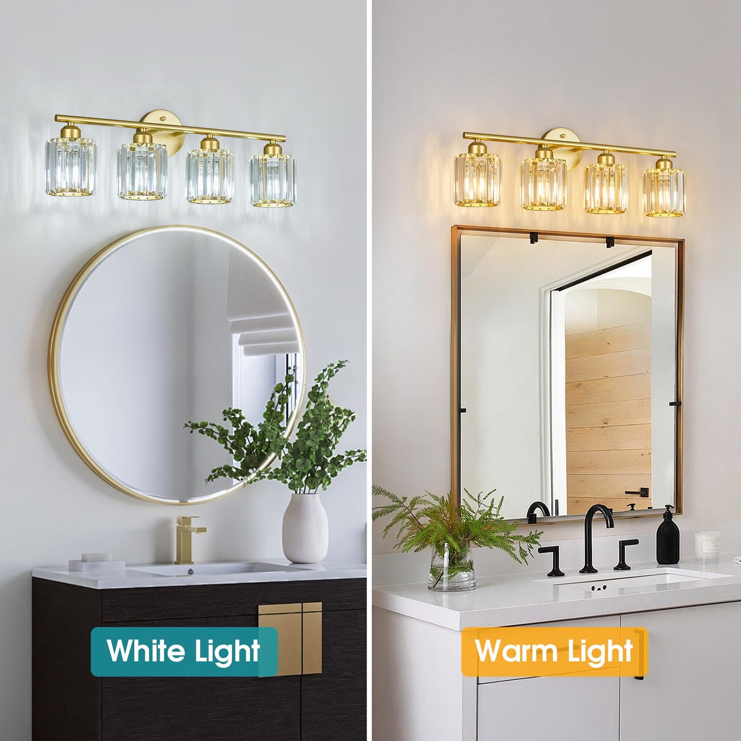 FDPBY Modern 4 Light Crystal Vanity Light, Gold Vertical Bathroom Light Fixture Over Mirror for Dressing Table Sink, Compatible with Dimmable Bulbs (Bulbs Not Included)