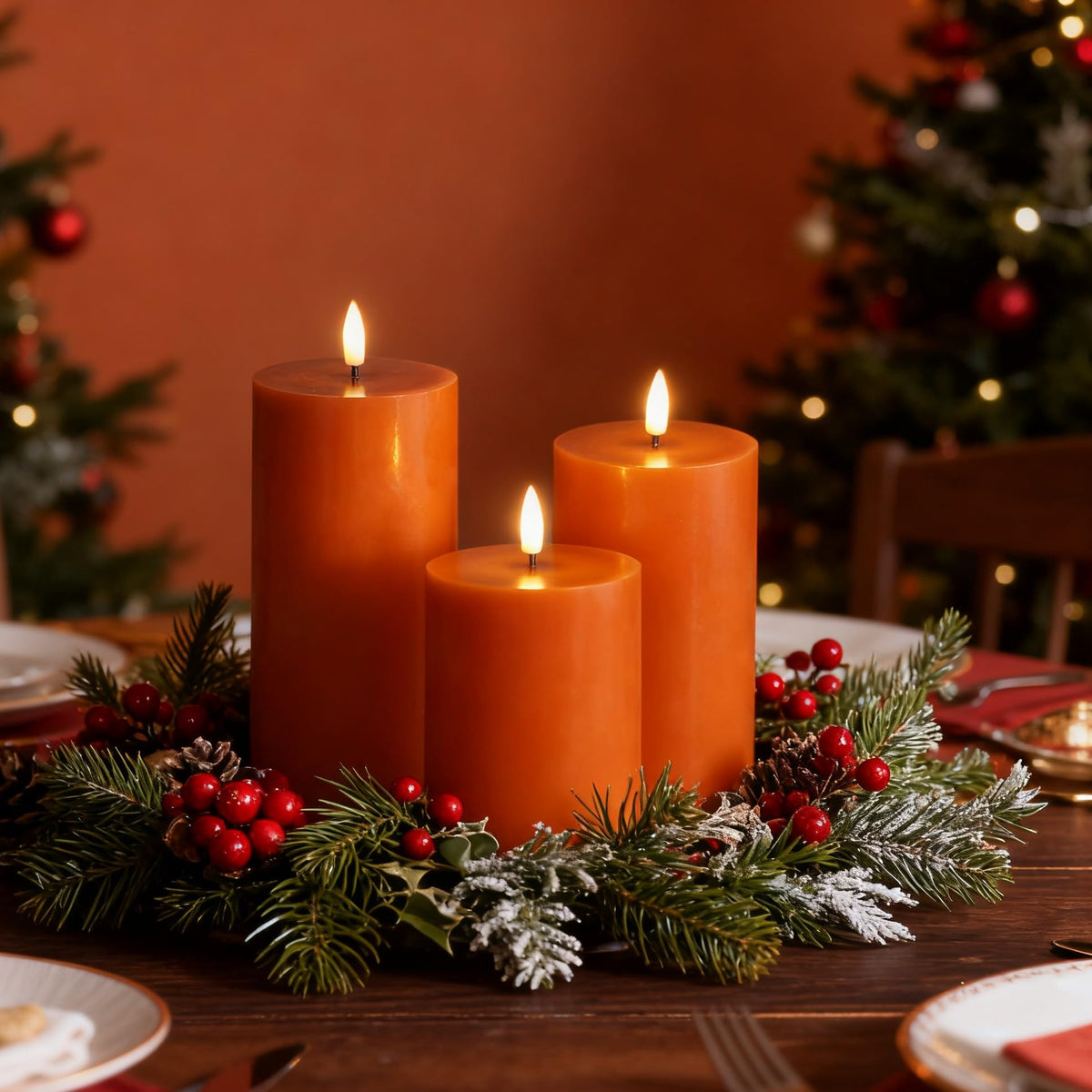 Girimax Burnt Orange Flameless Pillar Candles with Remote, Flickering LED Wax Candles Battery Operated Set of 3