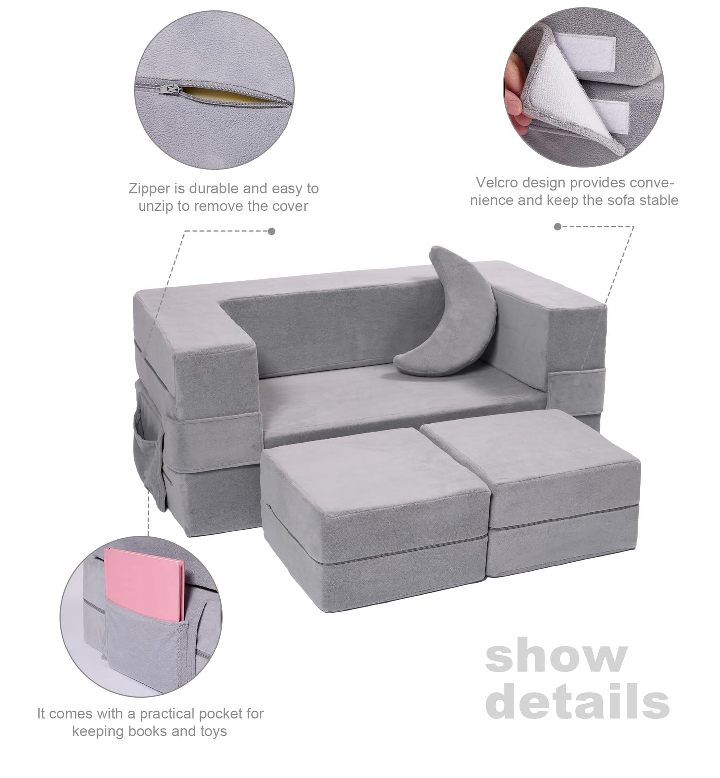 Elftopia Modular Kids Sofa,Toddler Couch Foam Armchair for Kids, Children Convertible Plush Sofa Play Set,Fold Out SofaBed(Grey)
