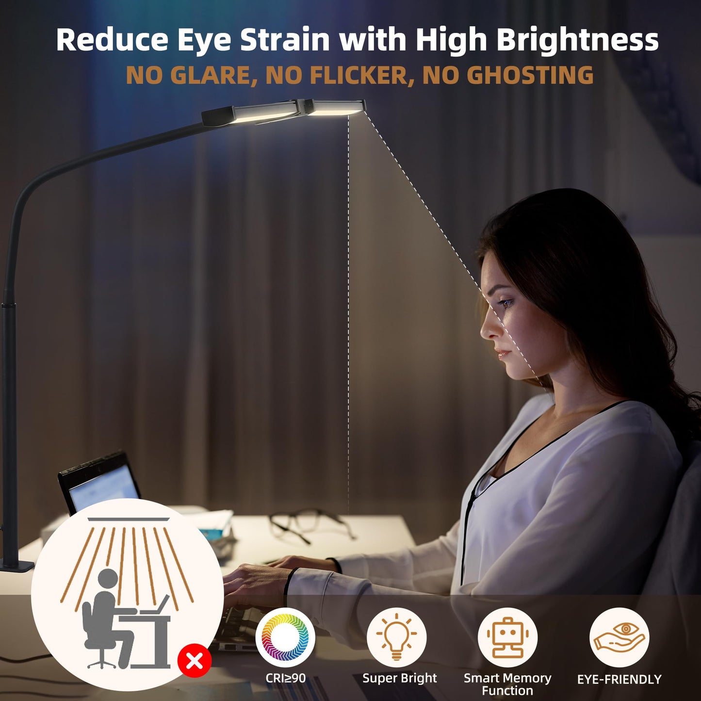 Led Desk Lamp for Home Office, Eye-care Architect Light with Clamp, Smart Double Head Computer Monitor Table Clip Lamp, Adjustable Flexible Goose-Neck, 25 Lighting Models, Task Lamp, White and Sliver