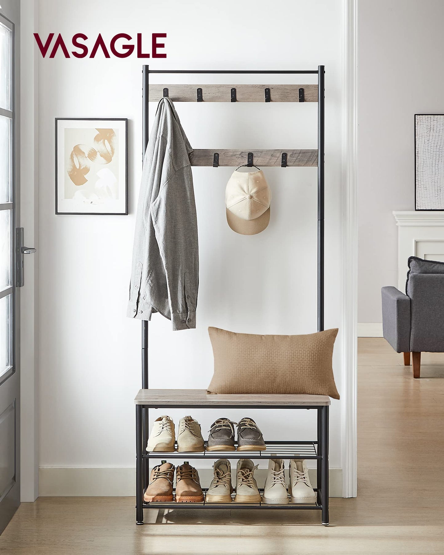 VASAGLE Coat Rack, Hall Tree with Shoe Storage Bench, Entryway Bench with Shoe Storage, 3-in-1, Steel Frame, for Entryway, 12.6 x 27.6 x 68.9 Inches, Industrial, Greige and Black UHSR41MB
