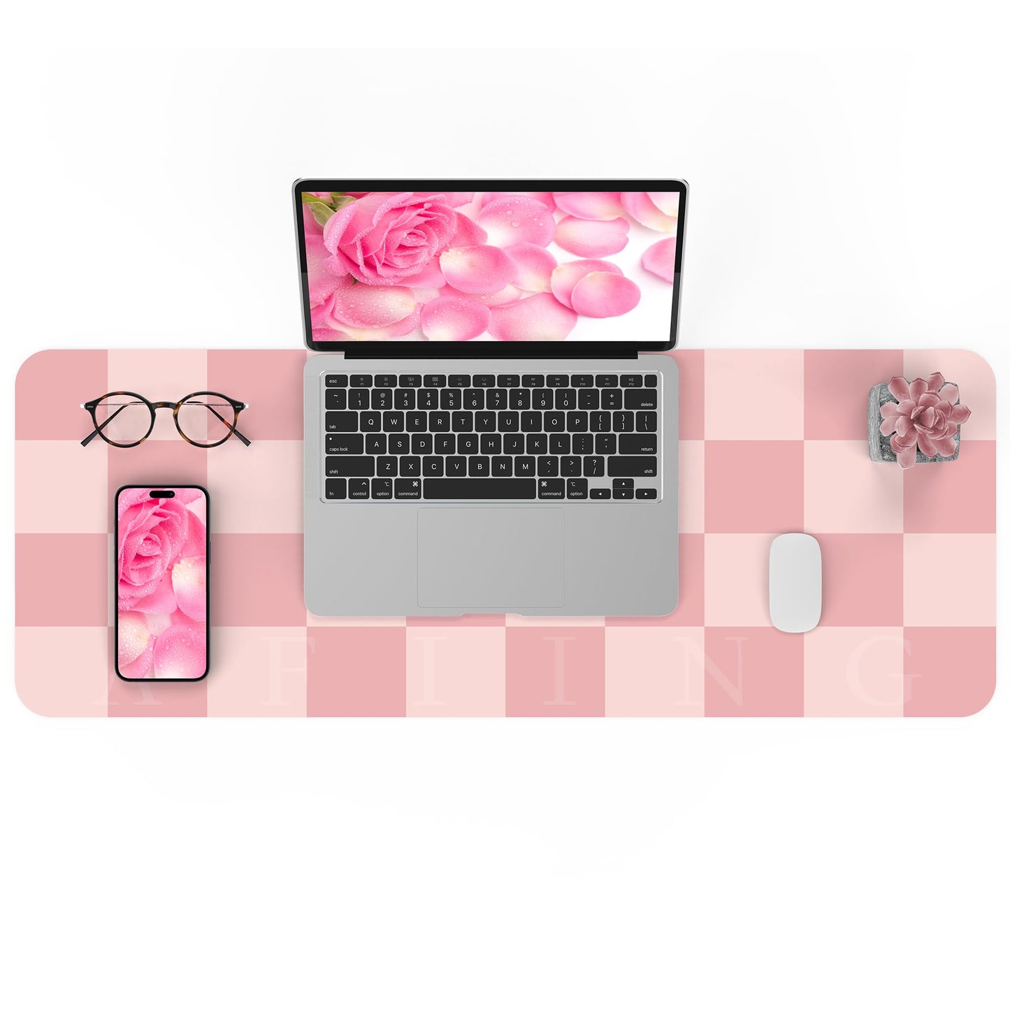 AFIING Pink Checkered Desk Mat, Cute Desk Accessories for Women, Waterproof PU Leather Desk Pad, Large Mouse Pad, Aesthetic Desk Decor for Home Office (31.5" x 12")
