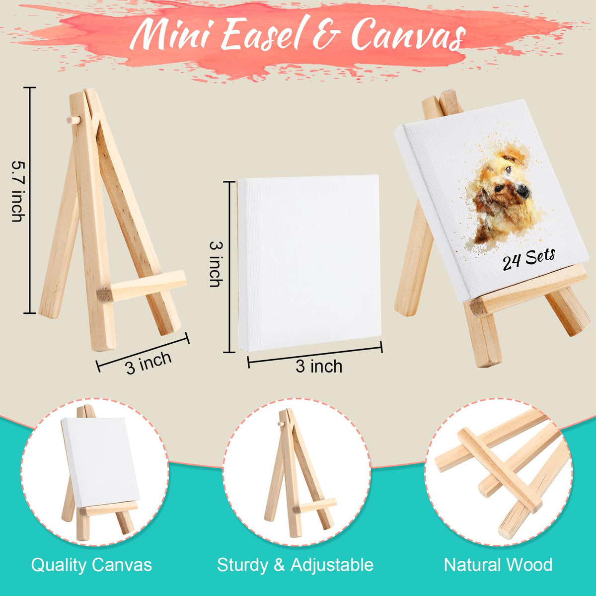 24 Sets Mini Paint Canvas Kit Mini Acrylic Art Party Favor Watercolor Painting Set with Panel Wood Easel Small Art Strips Palettes Brush Teacher School Classroom Reward Party Supplies Birthday Gift
