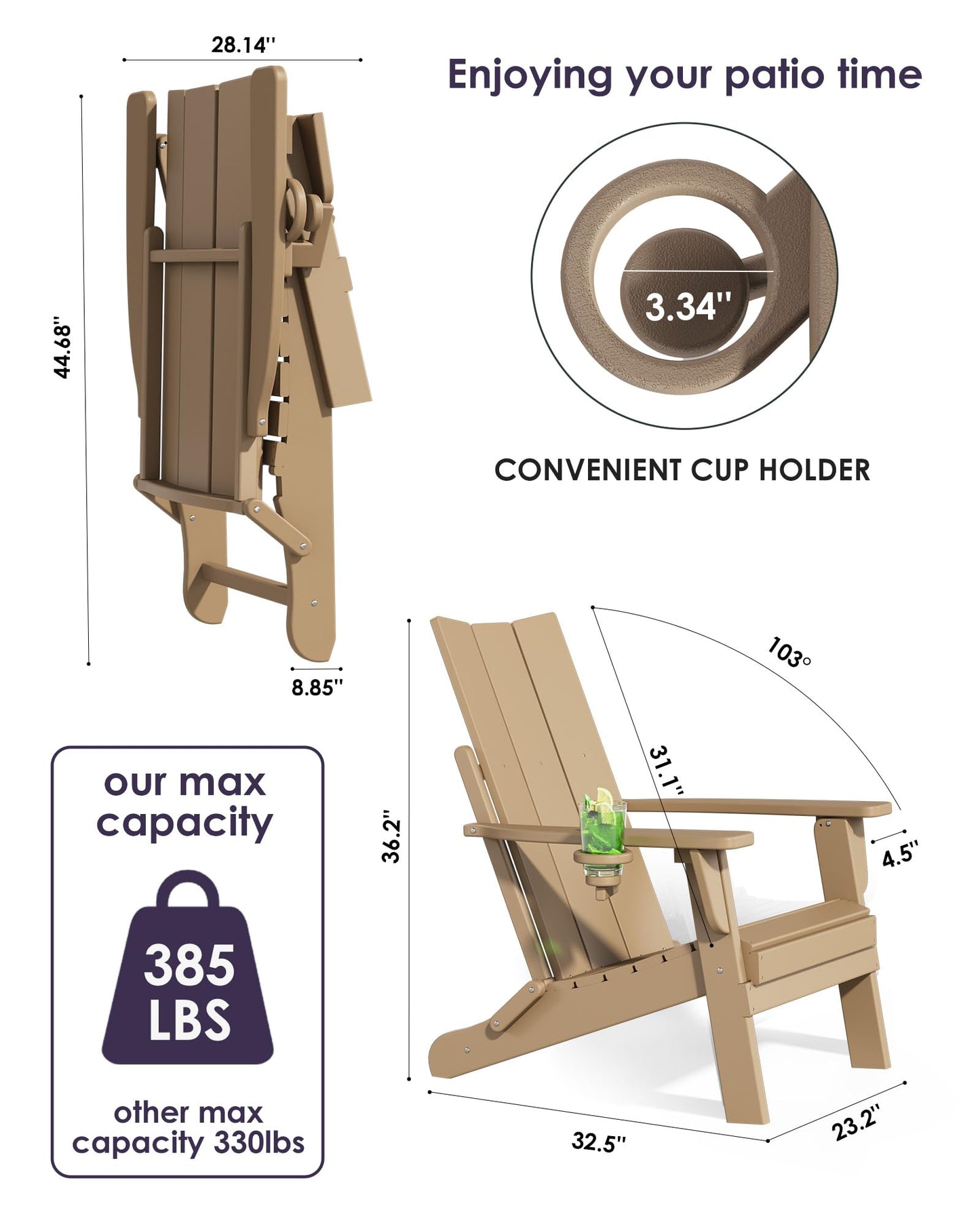 Adiromoti Folding Adirondack Chairs, All-Weather Resistant HDPE Patio Firepit Chairs, Sturdy Outside Chairs with Cup Holder, Pre-Installed Lawn Chairs Load Capacity 385lb, Weathered Wood
