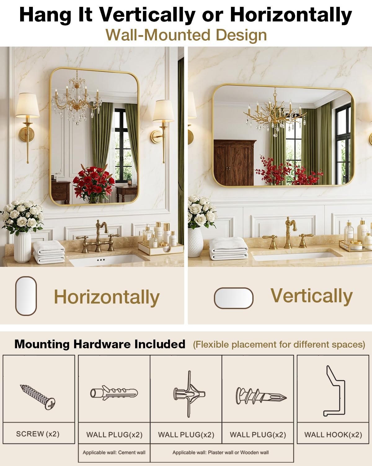 Umzodo 16x24 Inch Brushed Gold Rounded Rectangle Vanity Mirror with HD Reflection, Shatter-Resistant Tempered Glass Bathroom Mirror for Over Sink, Aluminum Frame, Horizontal or Vertical