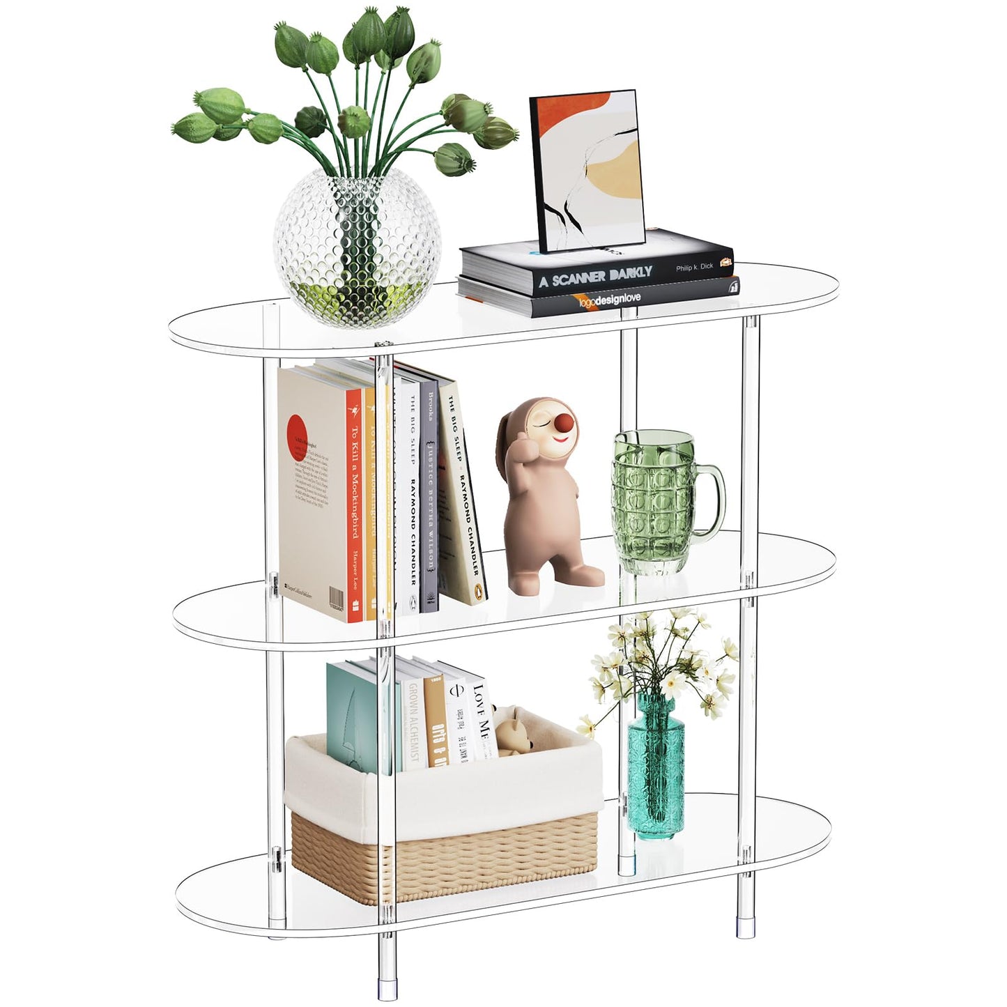 Bekugee Clear Acrylic Bookshelf, 31.5" L x 11.8" W x 27.7" H, 3 Tier Oval Acrylic Bookcase Table with Open Book Shelf, Modern Storage Organizer Entry Console Table for Entryway Living Room Bedroom