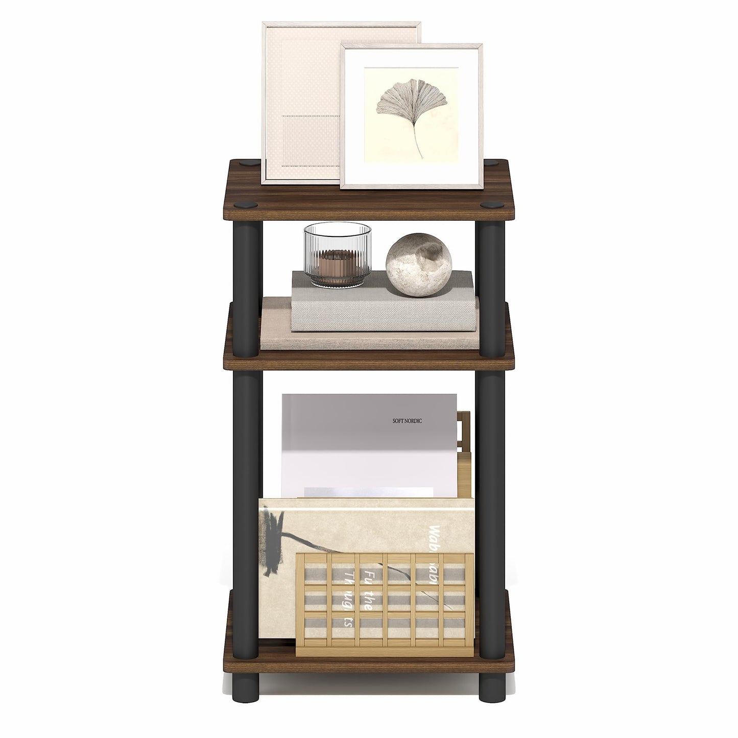 Furinno Turn-N-Tube Side Table, 3-Tier End Table with Open Shelf, Toolless Assembly Night Stand, Bedside Table, for Living Room, Bedroom, Brown Walnut