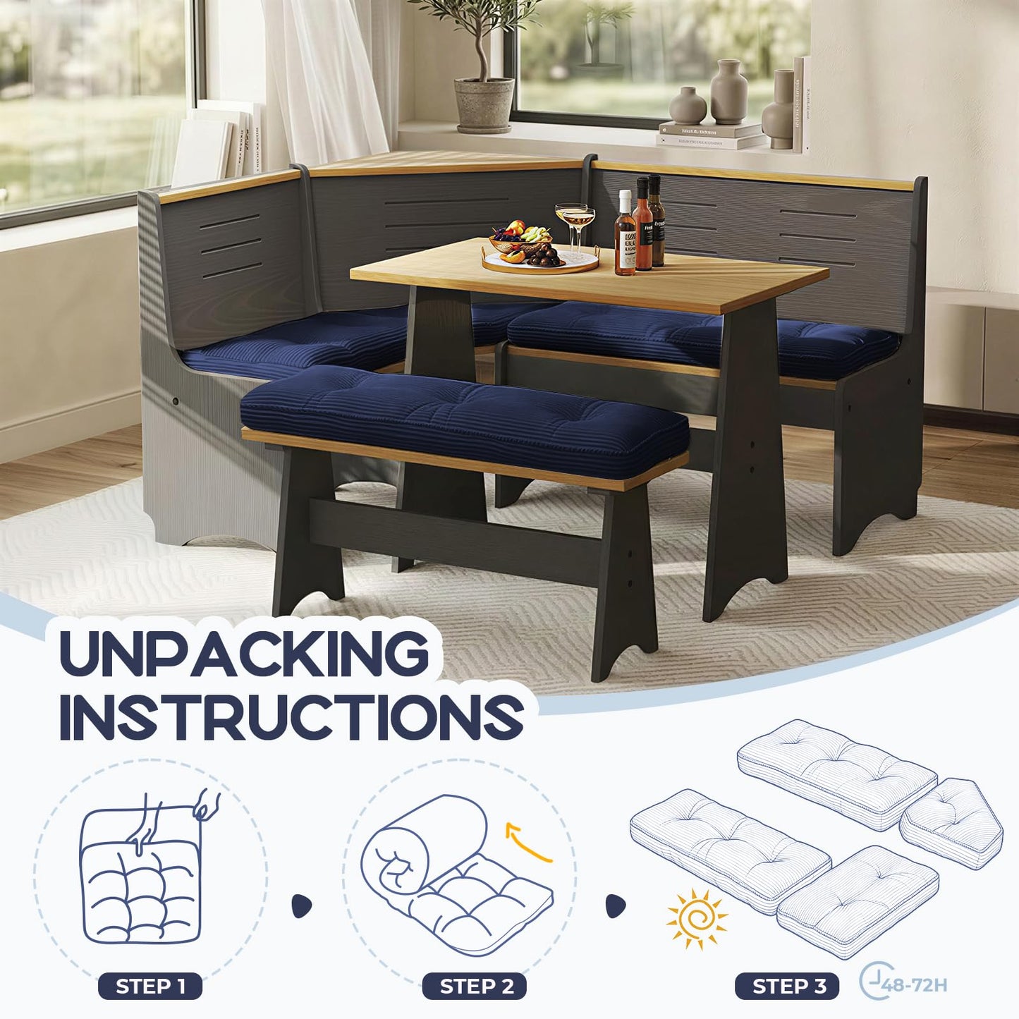 CEAWTUMY Breakfast Nook Cushion Set, 4 Pcs Comfortable Corduroy Nooks Bench Cushions, Non-Slip Anti-Shift Kitchen Nook Cushion for Dining Corner(Blue)