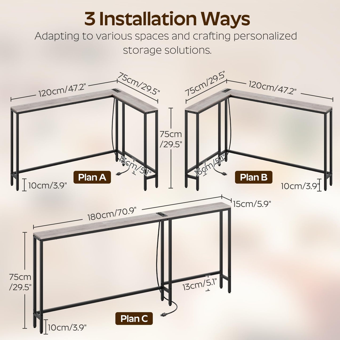 YATINEY Narrow Console Table with Outlets, 70.9" Sofa Table Narrow Long, L Shaped Behind Couch Entryway Table with Charging Station, for Living Room, Hallway, 3 Assembly Options, Greige CT07UBG