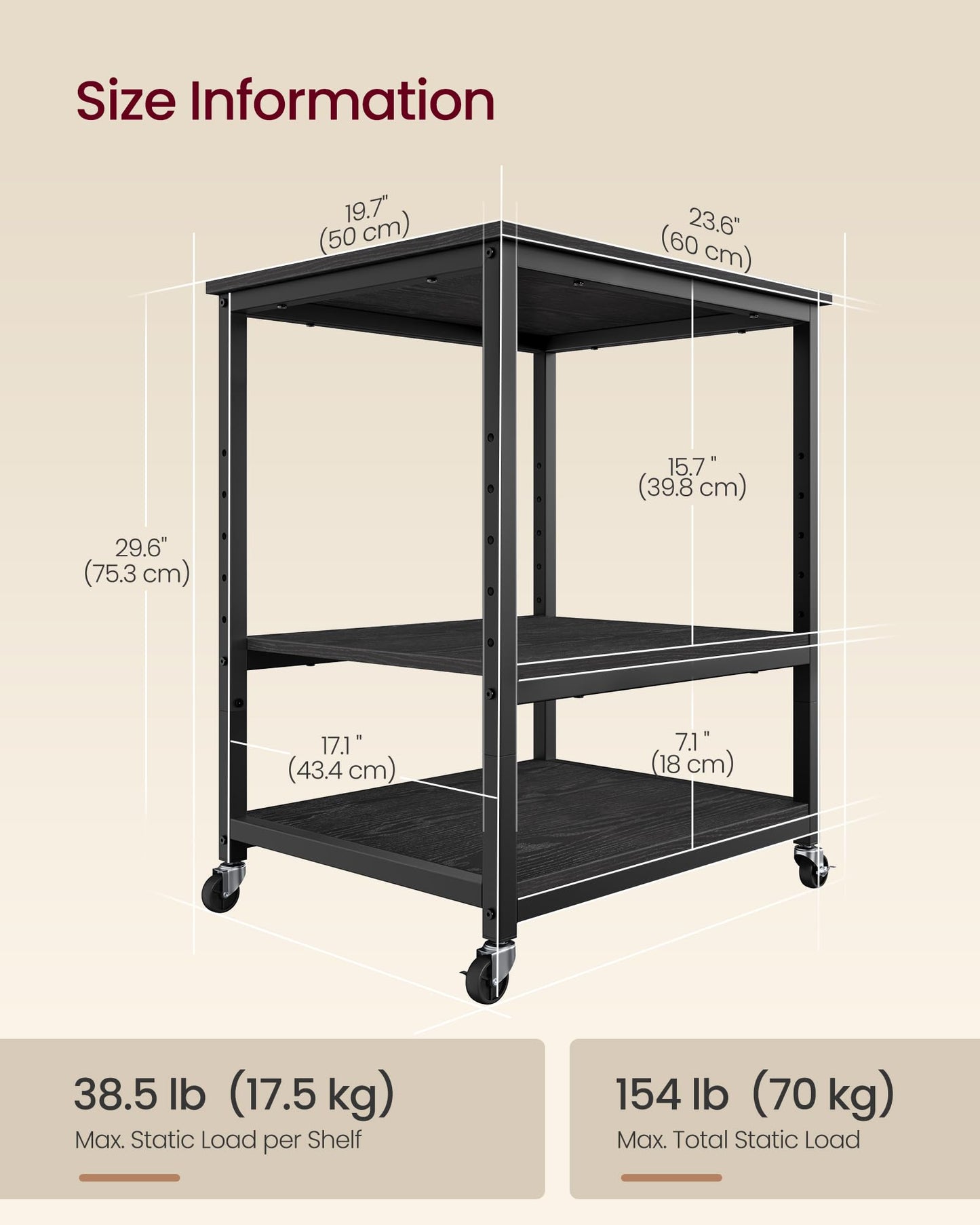 VASAGLE Printer Stand with Locking Wheels, Industrial Mobile Cart, Under Desk Printer Table for Home Office, 23.6 x 19.7 x 29.6 Inches, Storage Shelf, 3-Tier, Ebony Black