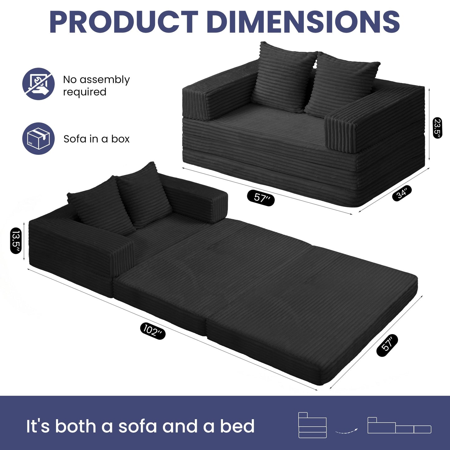 Winzoo Convertible Sofa Bed, 4-in-1 Boneless Loveseat with Removable Armrests Backrest, Corduroy Futon Couch Bed with Pillow, Foldable Mattress Sleeper Sofa for Living Room Bedroom Small Place (Black)
