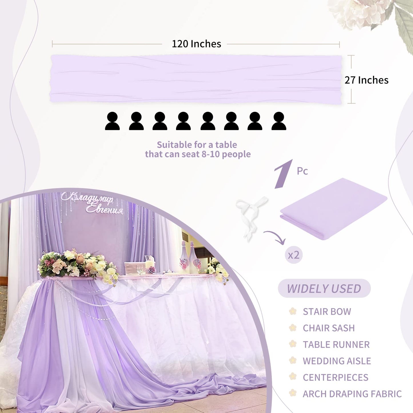 Light Purple 27 x 120 inches Long Soft Table Runner for Wedding Chiffon Table Runners Rectange and Round Table Decorations for Birthday Parties