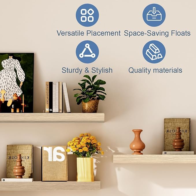 Oak Floating Shelves for Wall, Kitchen & Living Room Decor Display, for Plants