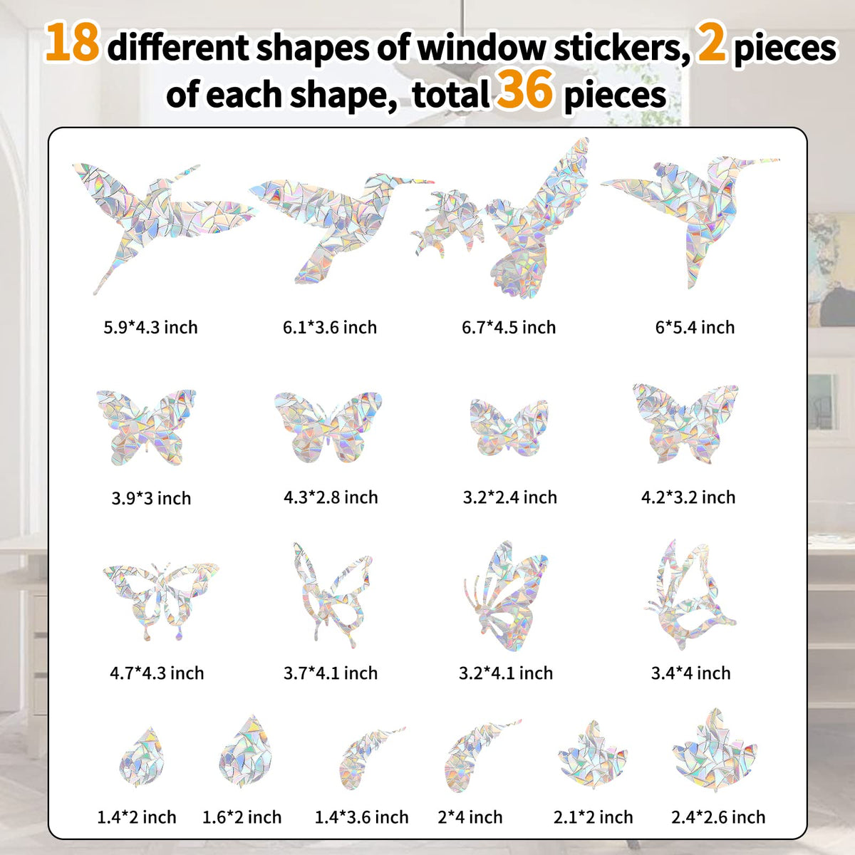 36 Pieces Window Decals for Bird Strikes, Window Clings Prevent Birds from Hitting Windows Suncatcher Stickers（Bird, Butterfly, Feather, Leaf