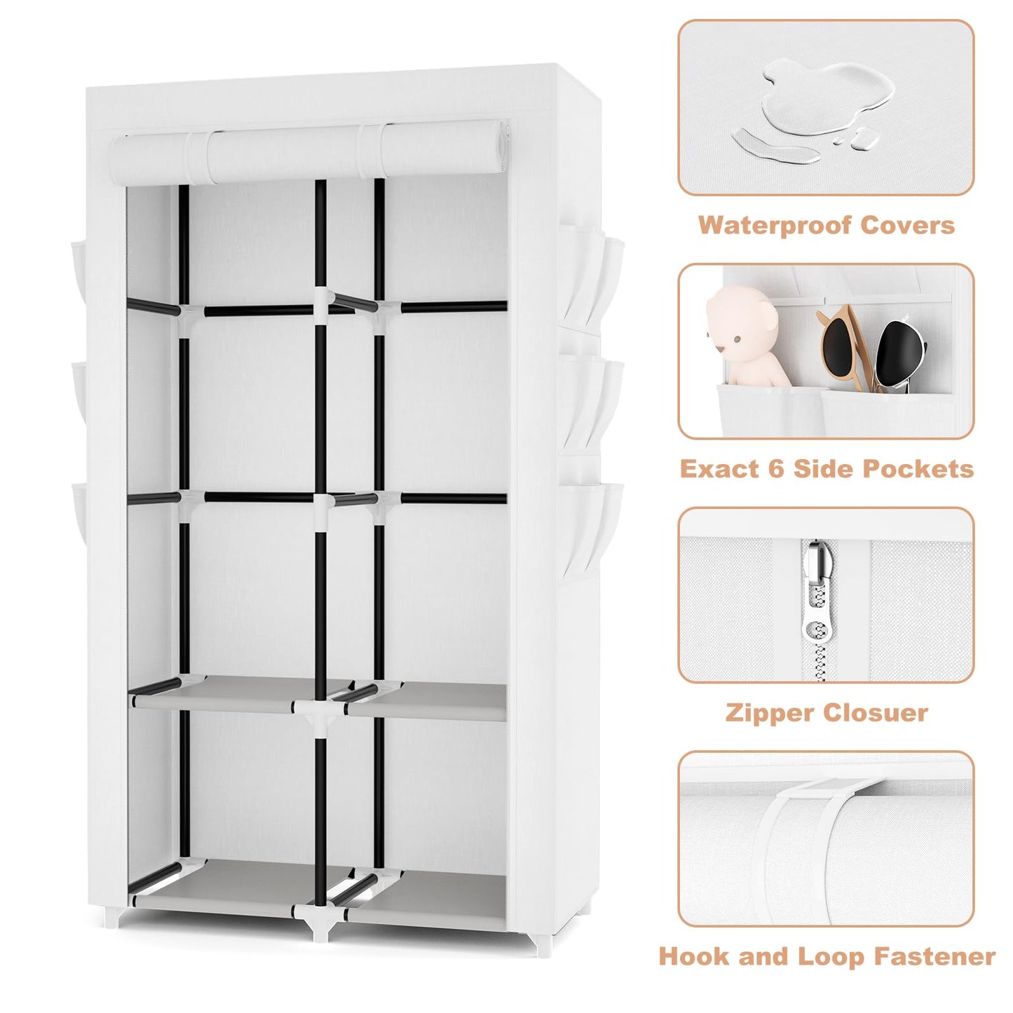 VTRIN Portable Closet Wardrobe Closet for Hanging Clothes with 4 Storage Shelves, 2 Hanging Rods and 6 Pockets, Stable and Easy Assembly Clothes Rack with Cover Free Standing Closet White