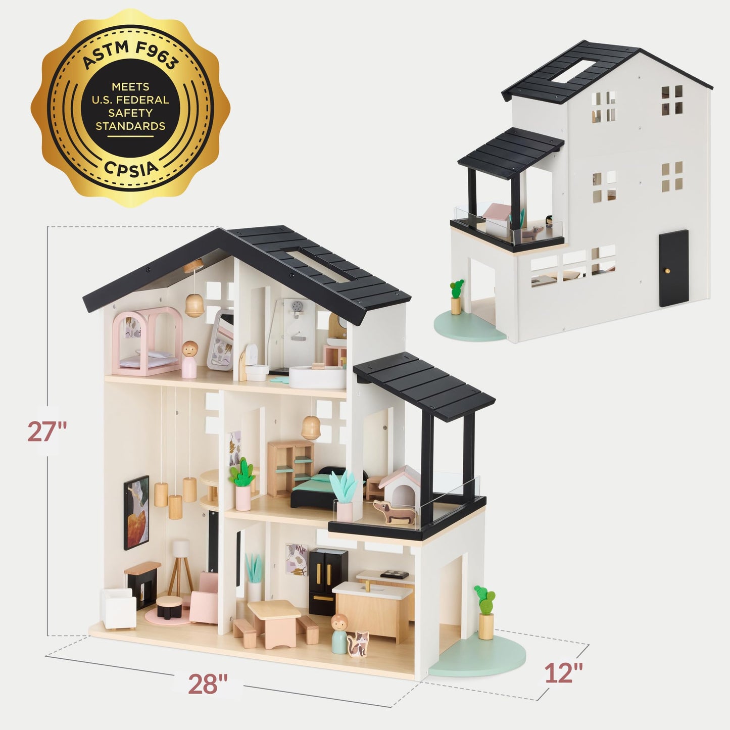 Best Choice Products Modern Wooden Dollhouse for Kids, 3-Story Doll House with 40 Furniture Accessories, Interactive Dollhouse Set with Dolls, Multi-Room Design for Girls & Boys - Black
