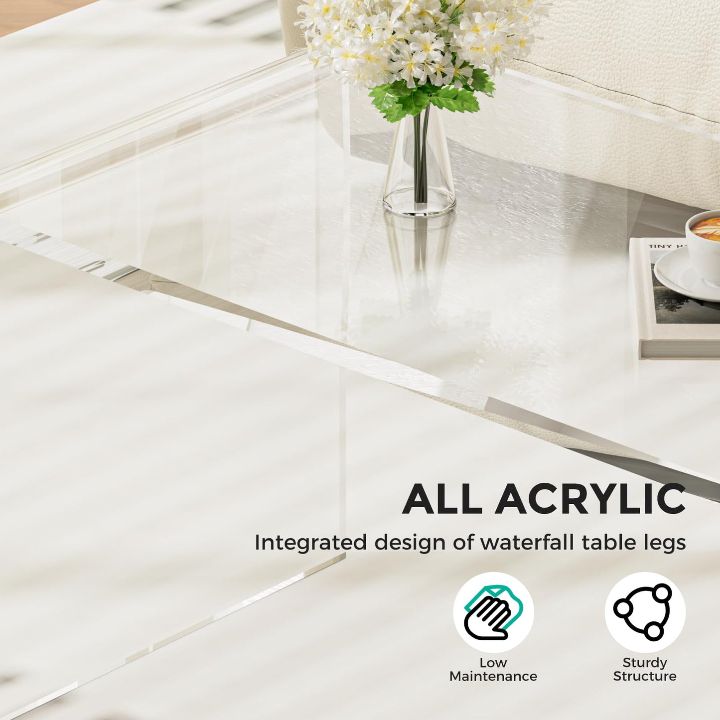 TPZLRN Premium Acrylic Coffee Table, 32" L x 16" W x 16" H Modern Clear Coffee Table, 0.6'' Thick Rectangle Waterfall Table for Living Room, Office, Hotel, Showroom, Transparent