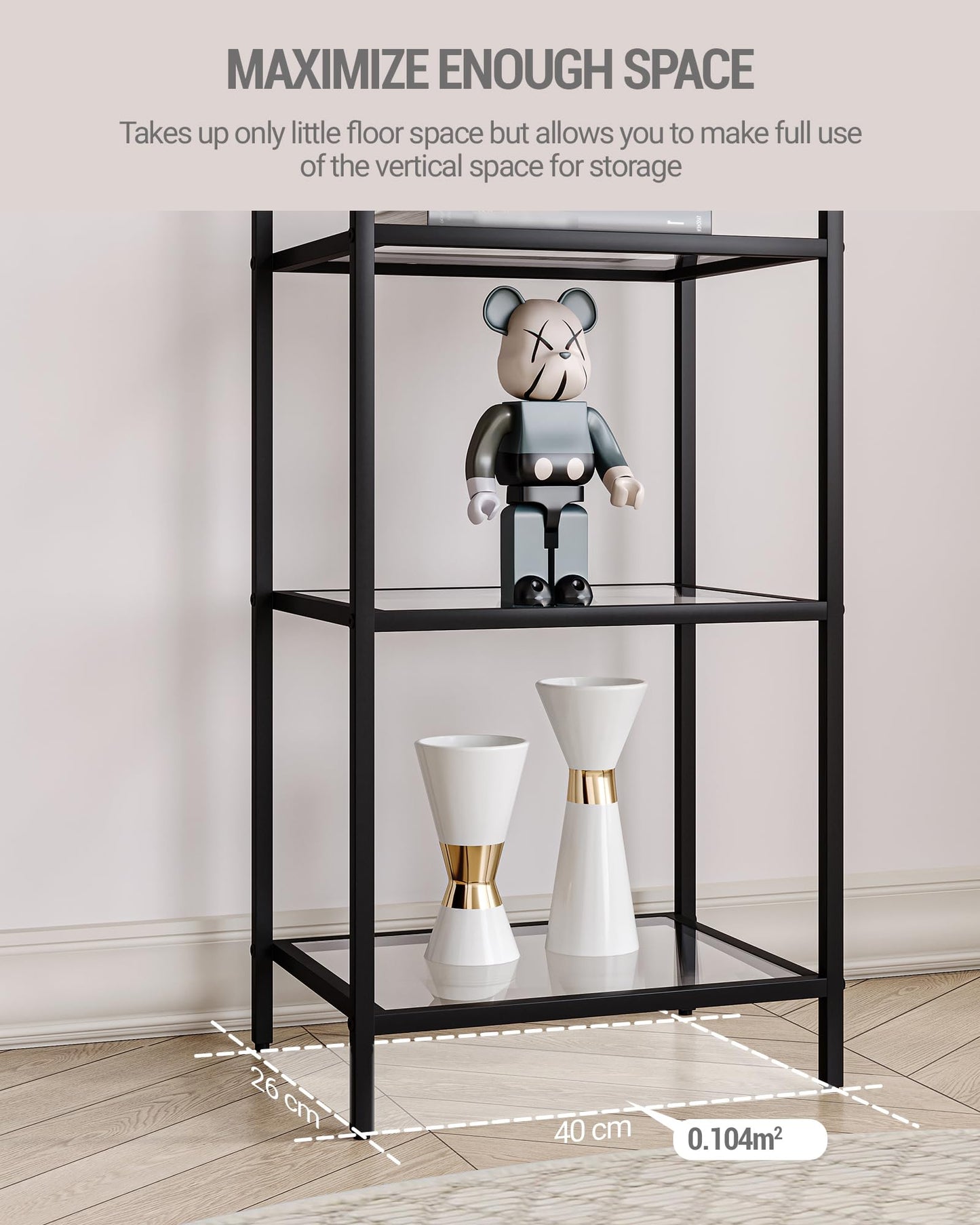 Hzuaneri Bookcase Bookshelf, Tempered Glass Bookshelves, Slim Shelving Unit for Bedroom, Bathroom, Home Office, Steel Frame, 5 Tier Black BC05001B