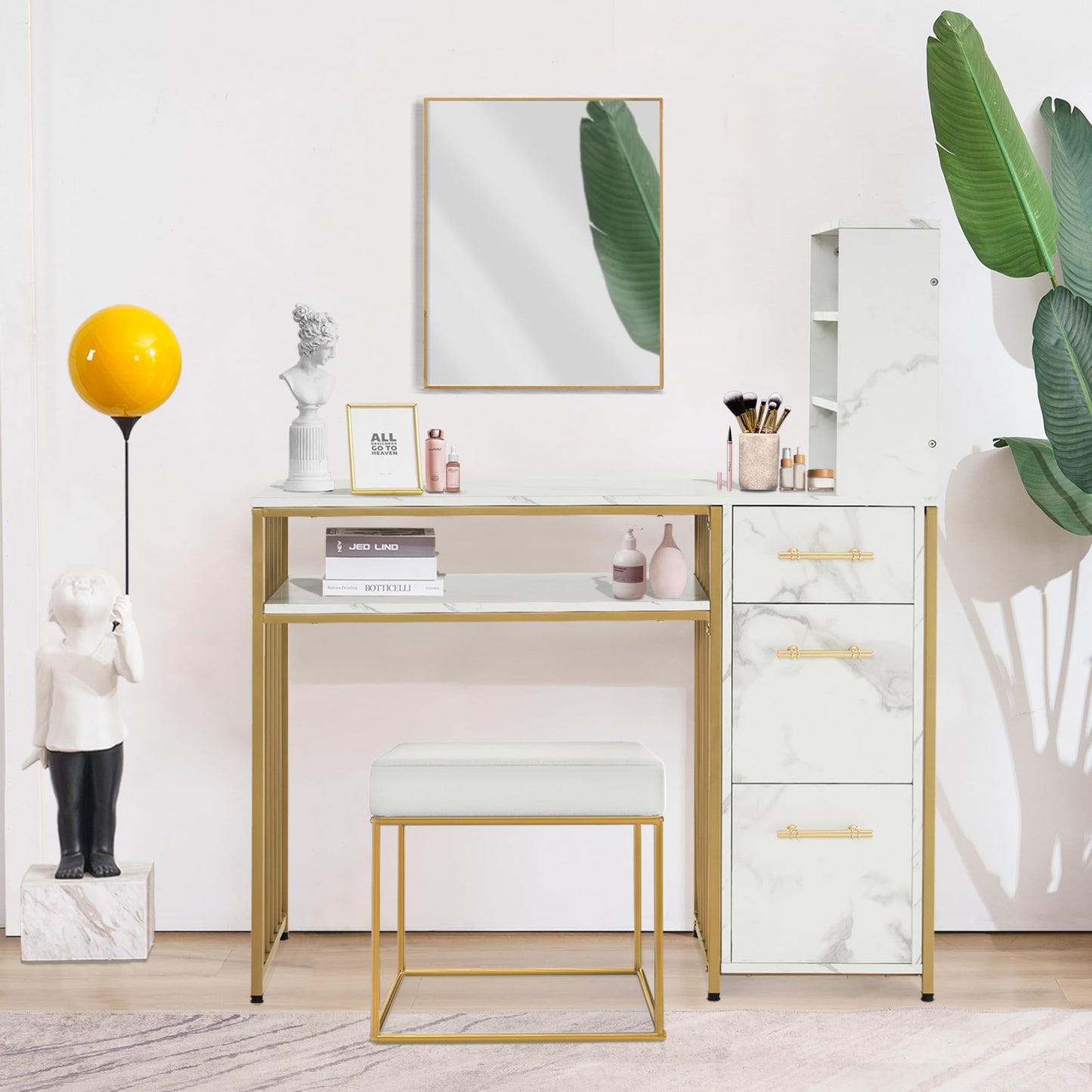 M MCombo Desk with 3 Drawers, Nail Table Made of Wood, Metal Frame, Manicure Table, Marble White Gold, Dressing Table without Mirror, Modern, Computer Desk with Shelf Living Room, 43 x 108 x 125 cm,