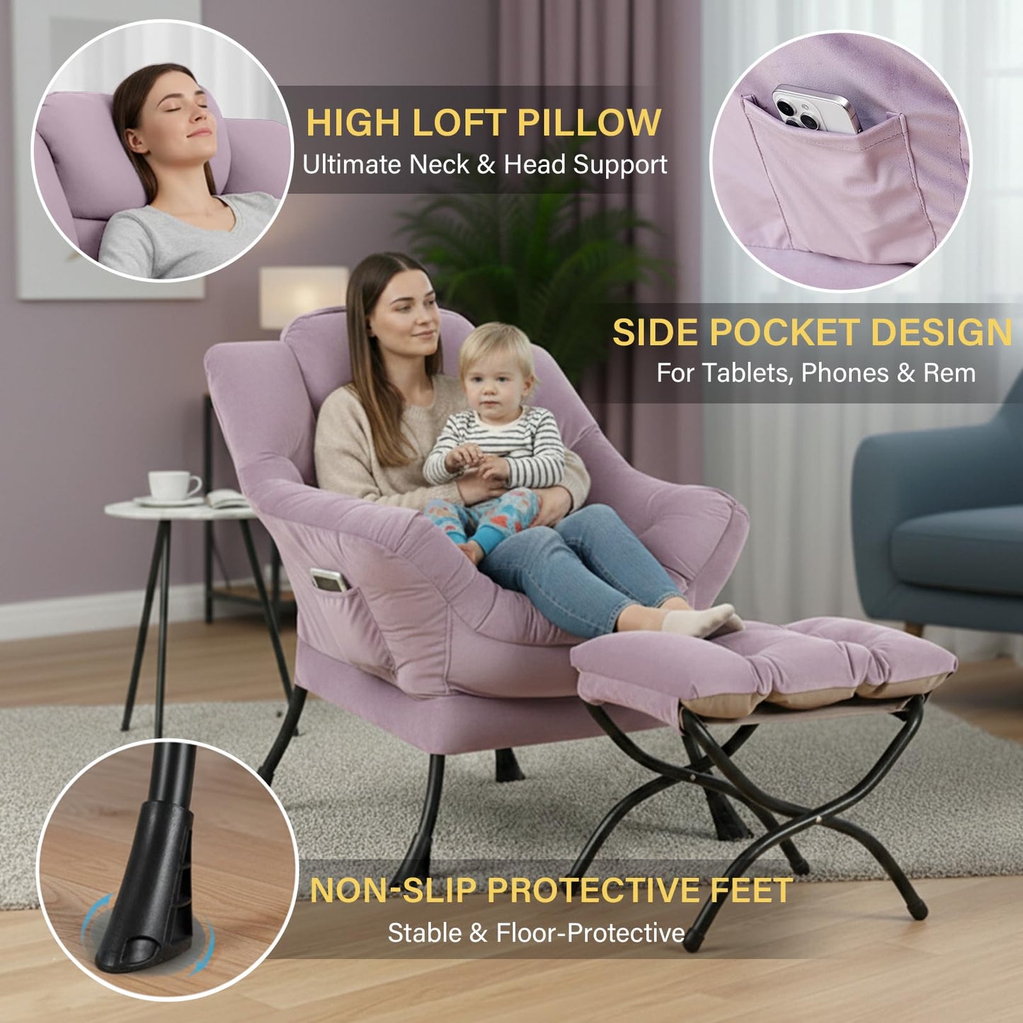 Givjoy Lazy Chair and Ottoman, Large Velvet Light Purple Accent Chair with Side Pocket, Modern Leisure Upholstered Reading Armchair with Footrest for Office, Bedroom, Living Room, Dorm Rooms, Balcony