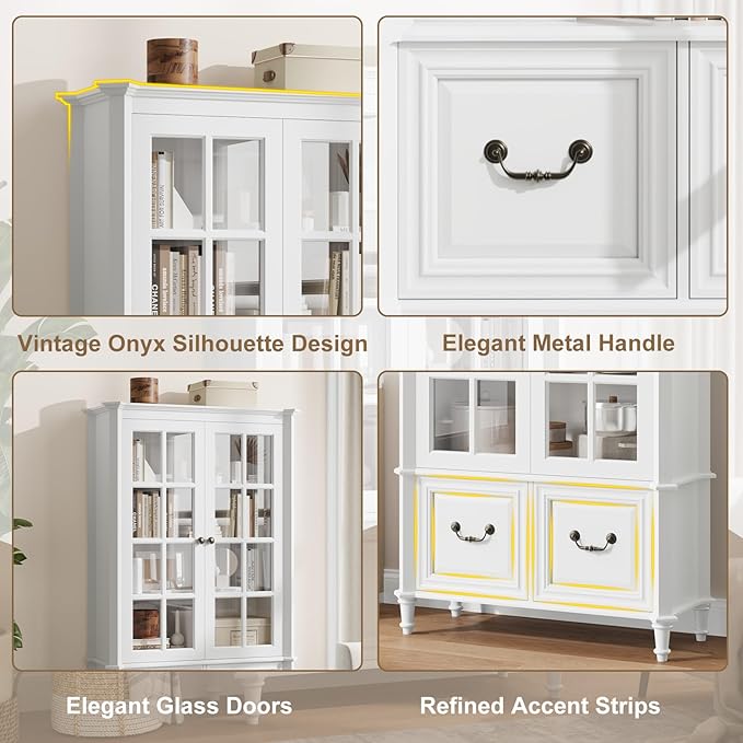 QUW 63" Tall Bookshelf with Glass Doors and Solid Wood Legs, Modern Book Shelf