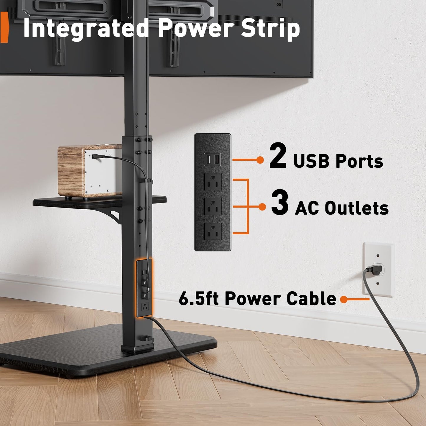 Perlegear Floor TV Stand with Power Outlet, Universal TV Stand for 32-75 inch TVs up to 110 lbs, Height Adjustable Standing TV Mount, Tall TV Mount with Wood Base, Max VESA 600x400mm, PGFS06