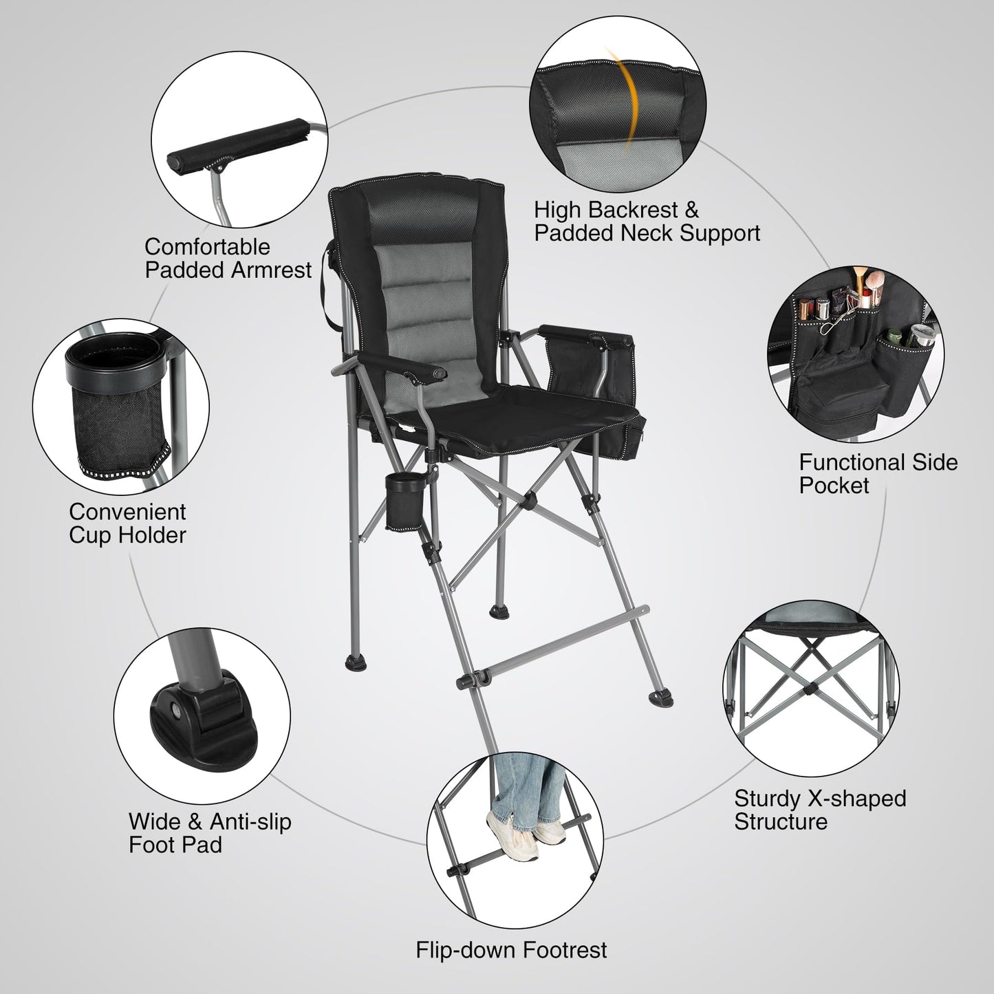 Stonehomy Extra Tall Folding Chairs for Adults 330lbs, Portable Bar Height Foldable Director Chairs for Camping Outside, Comfortable with Makeup Pocket, High Back and Footrest, Black