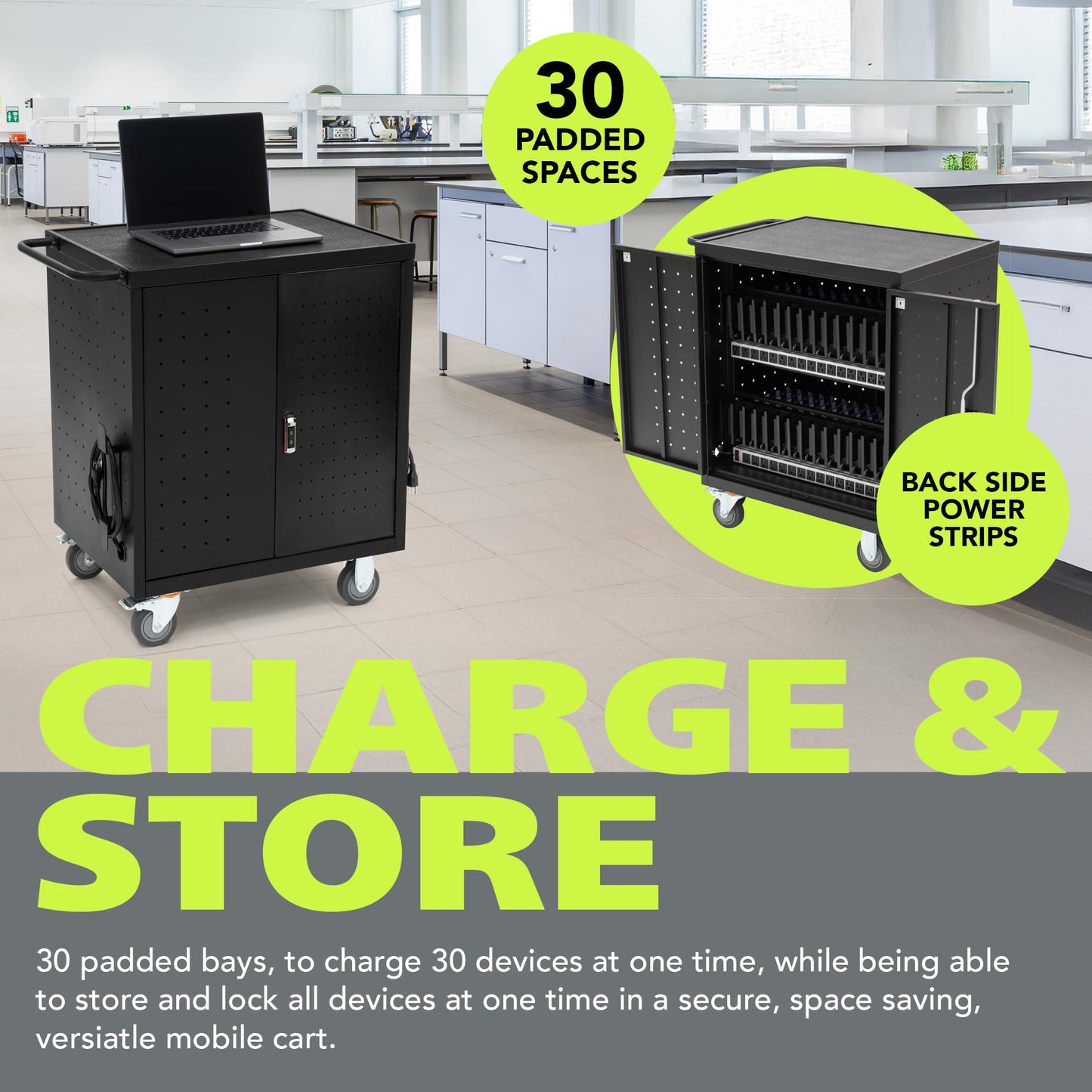Pearington Assembled 30 Device Mobile Charging/Storage Cart for iPads, Tablets, Laptop, and Chromebook, Up to 13-inch Screen Size, Classroom Locking Charging Station