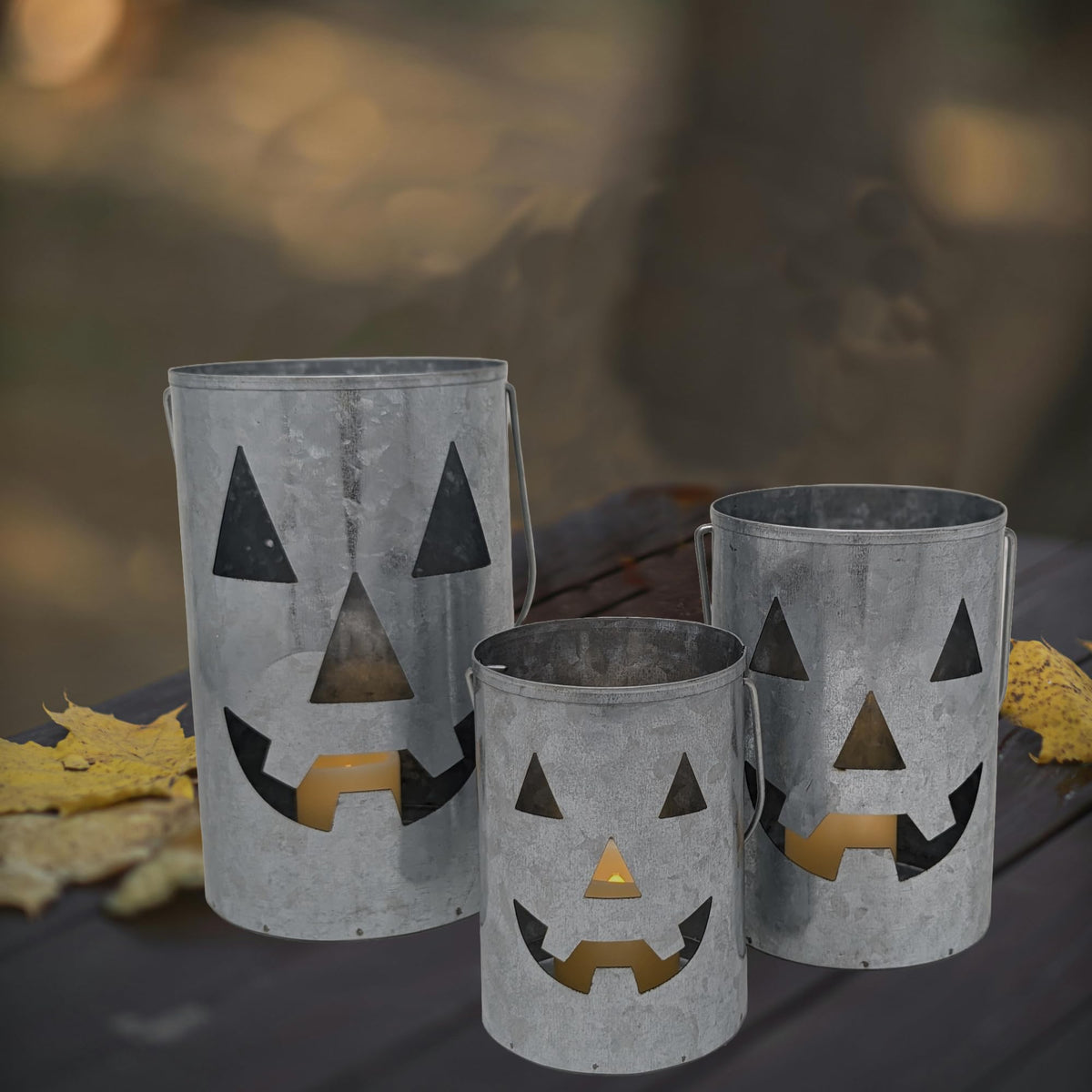 One Holiday Way Set of 3 Rustic Galvanized Metal Jack-o-Lantern Pumpkin Decorative Halloween LED Votive Candle Holder Lanterns - Indoor Outdoor Decoration - Spooky Country Farmhouse Party Home Decor