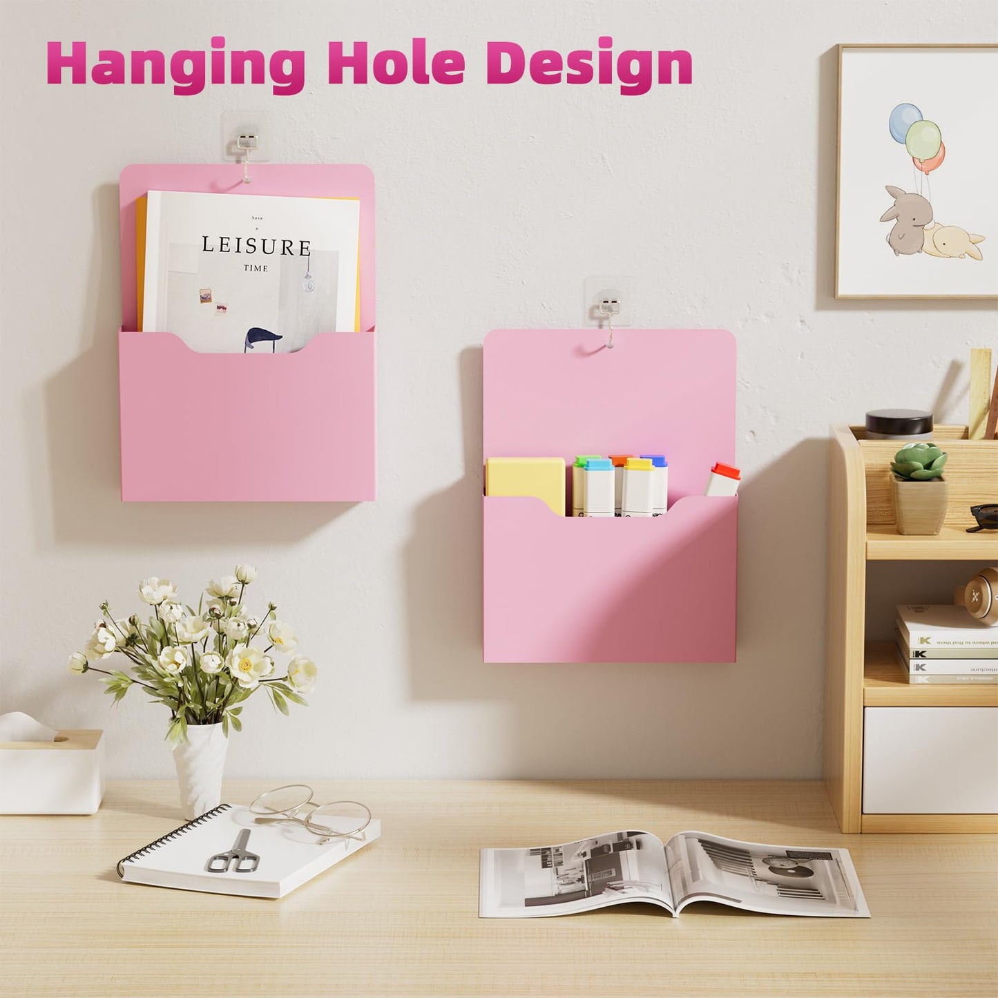 Magnetic File Holder - Magnetic Paper Holder, Pocket Organizer Office Supplies Storage Mail Organizer for Notebooks,Planners,Letter (Pink)