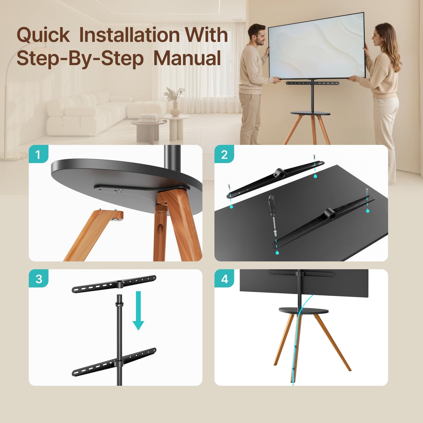 Pegzone Wood Easel Tv Stand with Artistic Droplet-Shaped Shelf for 45 to 65 Inch Tvs, Swivel Height Adjustable Portable Tripod Tv Stand-Vesa Required Max 600 * 400 mm, up to 88 lbs, Black Walnut