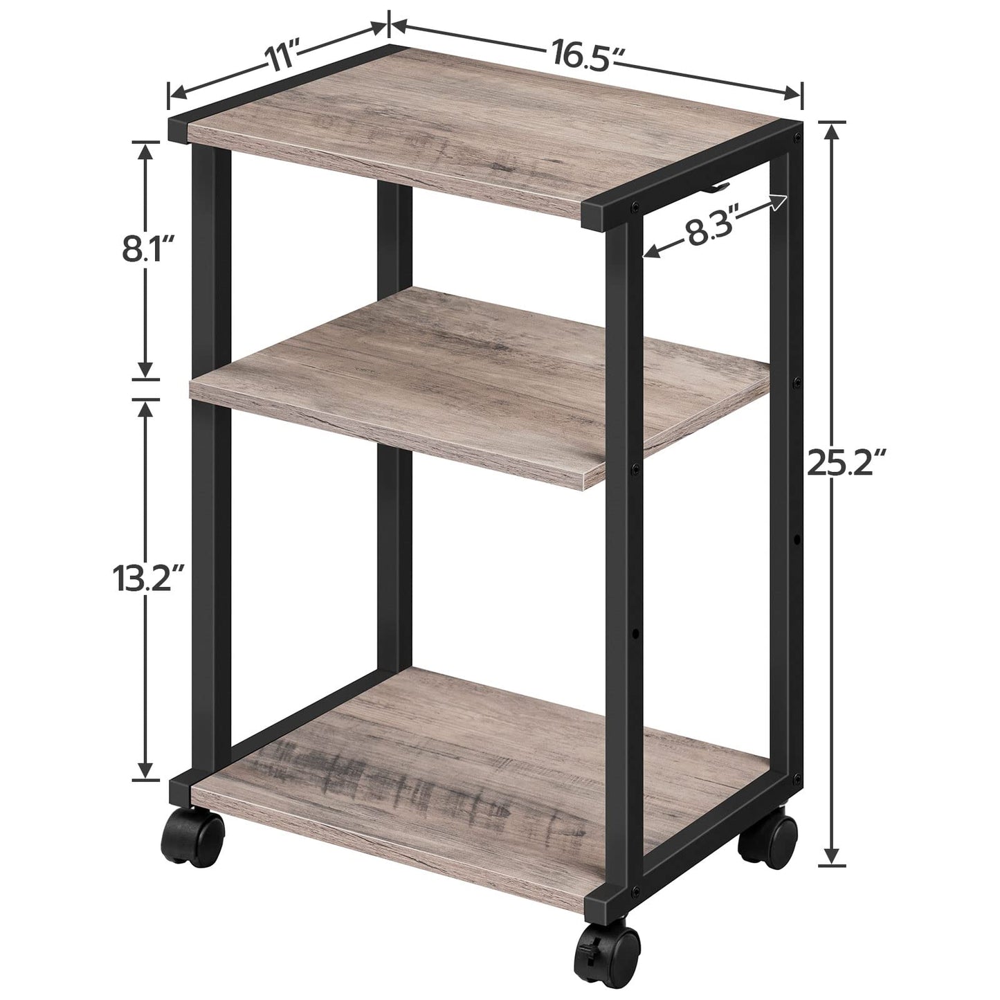 HOOBRO Mobile Printer Stand, 3-Tier Printer Cart Under Desk with Storage, Industrial Adjustable Rolling Cart, Sturdy Little Table on Wheels for Home Office BG28PS01N1