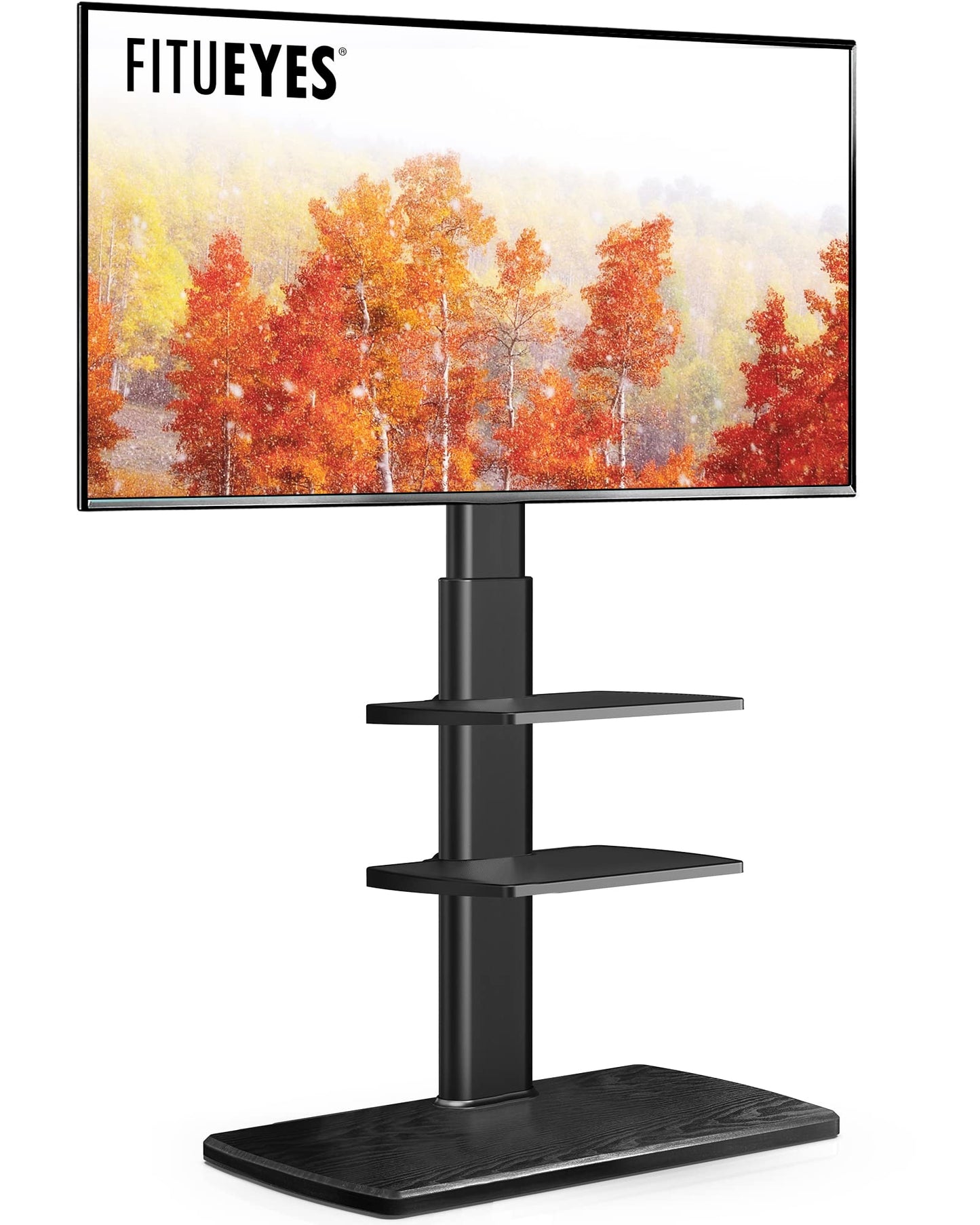 FITUEYES TV Floor Stand for Living Room Bedroom, Tall TV Stands with Sturdy Wood Base for 32 39 40 43 49 50 55 60 65 75 Inch TVs, Corner Stand with Height Adjustable Shelves, Swivel Black