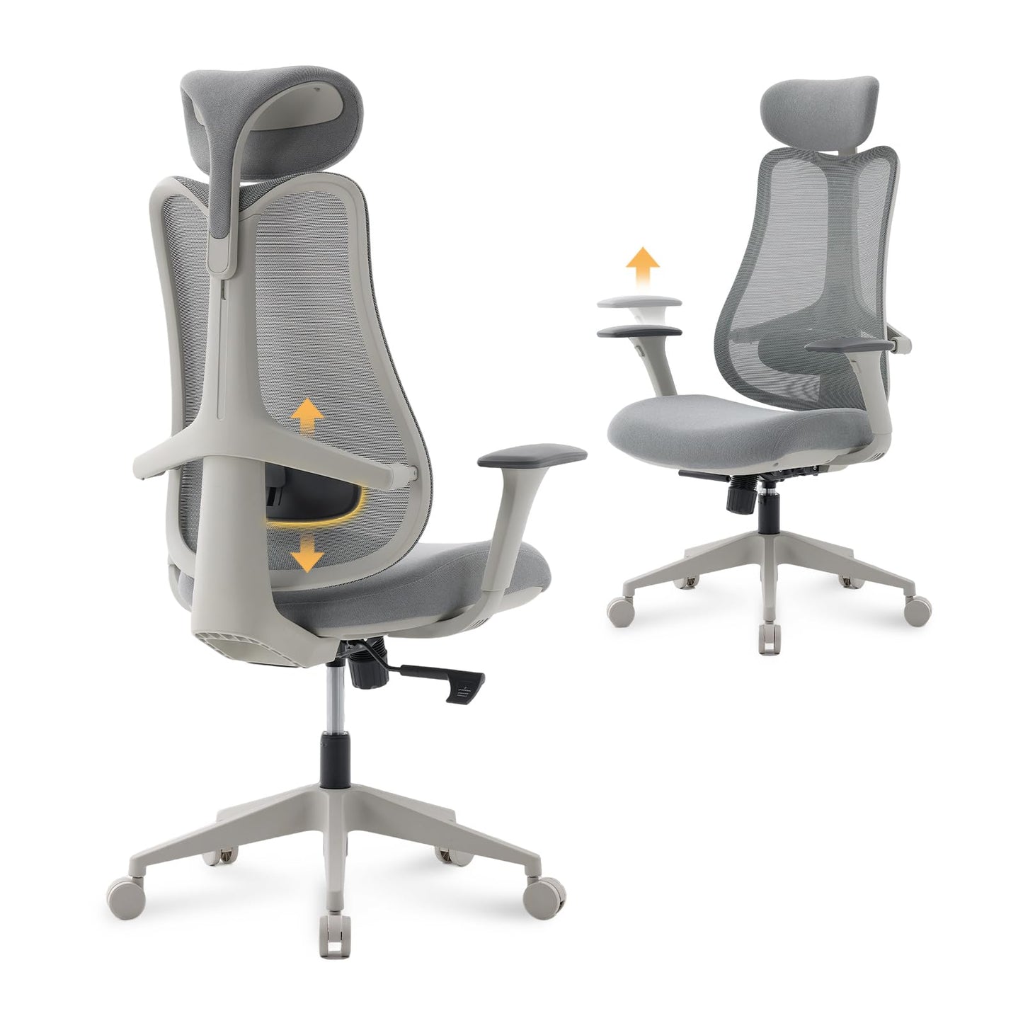 Nouhaus Fluido Ergonomic Office Chair, High Back Mesh Computer Chair w/Height Adjustable Lumbar Support, Backrest & Headrest, Dynamic Back Support, 3D Armrests, Home Office Desk Chairs Comfy (Grey)