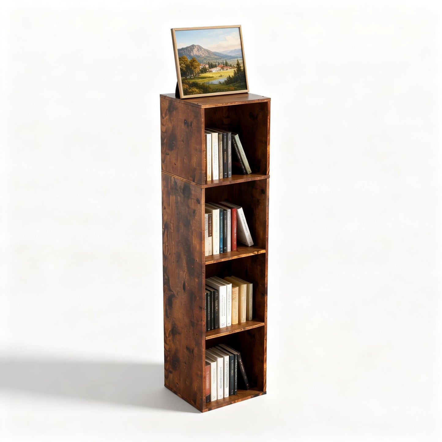 NewBeth Cube Storage Organizer, 4 Cube Retro Bookshelf, Freestanding 4 Tier Open Shelf, Rustic Brown Retro Shelves for Home Office, Bedroom, Living Room, Study
