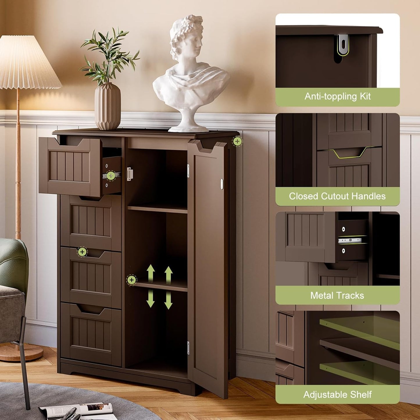 Gizoon Small Kitchen Pantry with Door and Shelves, 33'' Pantry Storage Cabinet Freestanding Wooden Bathroom Storage Cabinet with 4 Drawers for Kitchen and Dining Room, Dark Brown, Painted