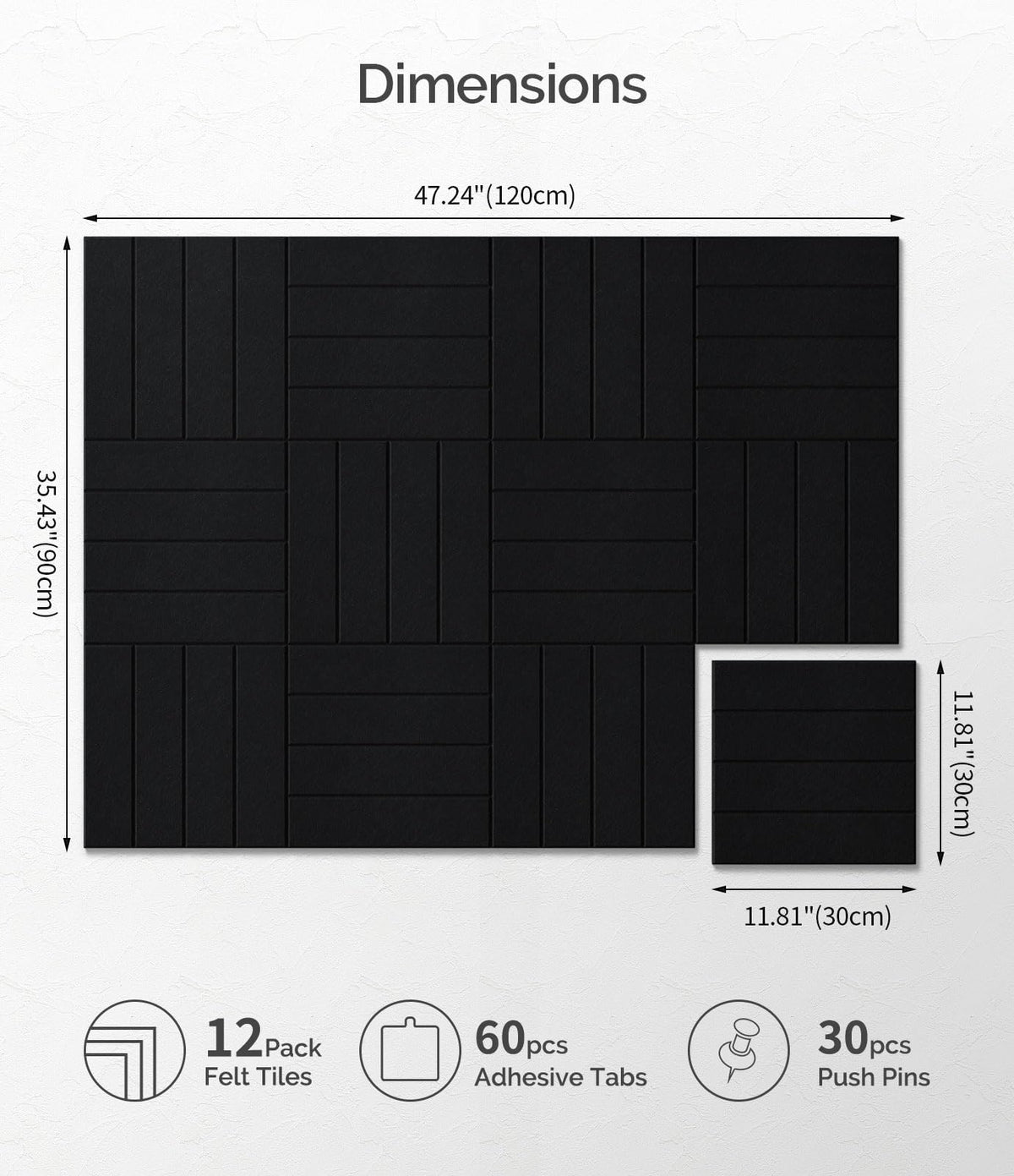 Bounmer Large Cork Board Alternative 48“ x 36”, 12-Pack Felt Bulletin Board Tiles with 60 Safe Removable Adhesive Tabs & 30 Pushpins, Cork Boards for Office Walls Decor (Black)