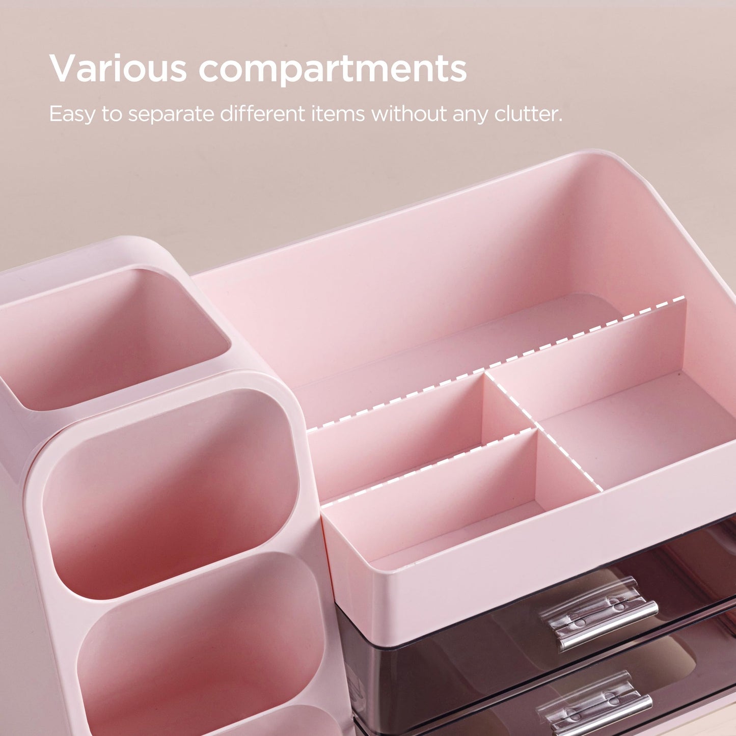 HBlife Desk Organizer with Pen Pencil Holder for Desk, Pen Organizer with 2 Drawers, Desk Organizers and Accessories with 4 Compartments, Desktop Storage for Office Home School Art Supplies, Pink