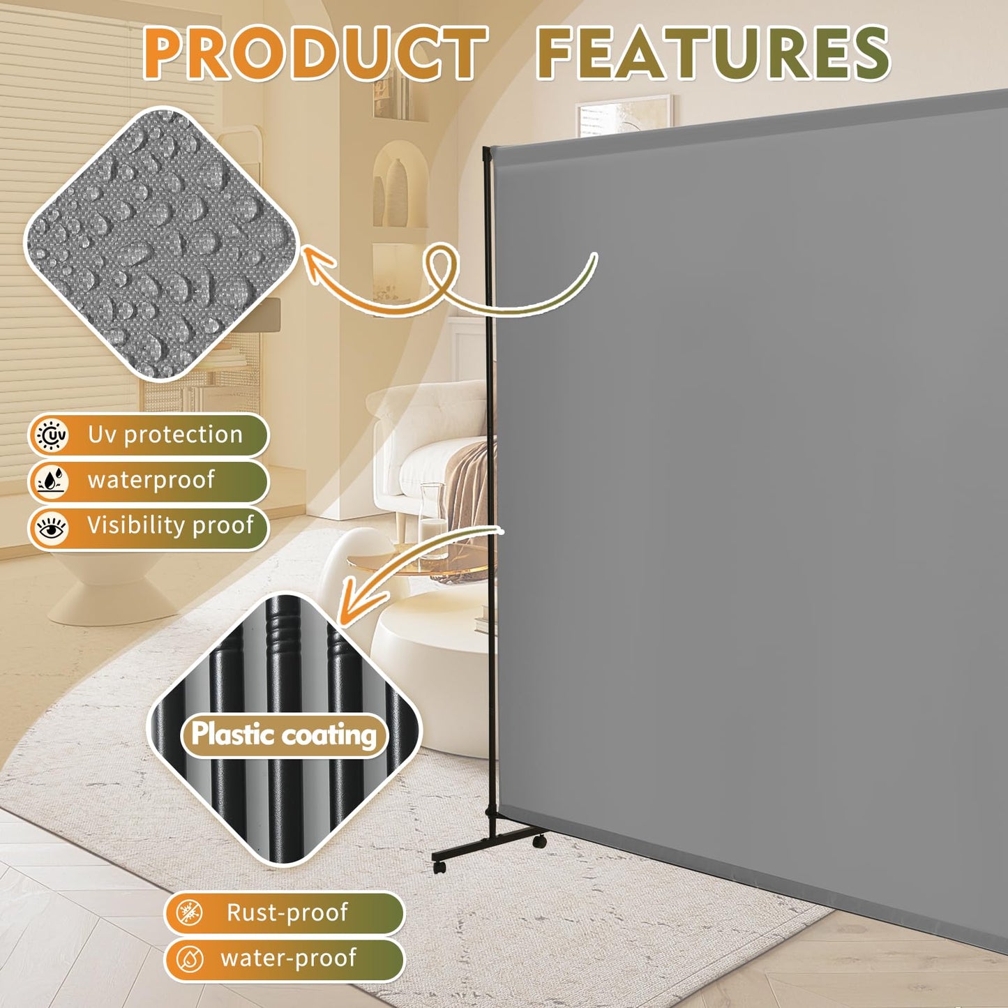YSEJOMP Room Divider Screen 72"x72" with Lockable Caster Wheels, Privacy Panel for Home, Office, or Classroom, Easy to Move and Secure with Brake,Height Adjustable (Gray, 72 X 72 Inches)