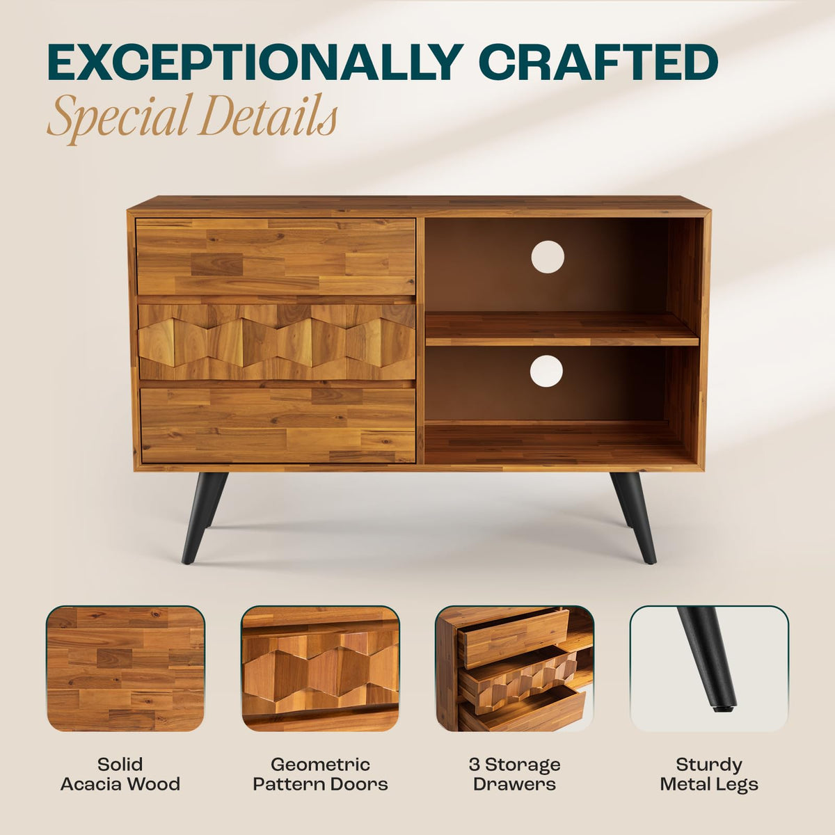 Bme Georgina 45 Inch Solid Wood TV Stand, Under 10 Minutes Assembly Entertainment Center with Storage, Geometric Pattern TV Console for Living Room, Bedroom, Dinning Room - Teak Brown