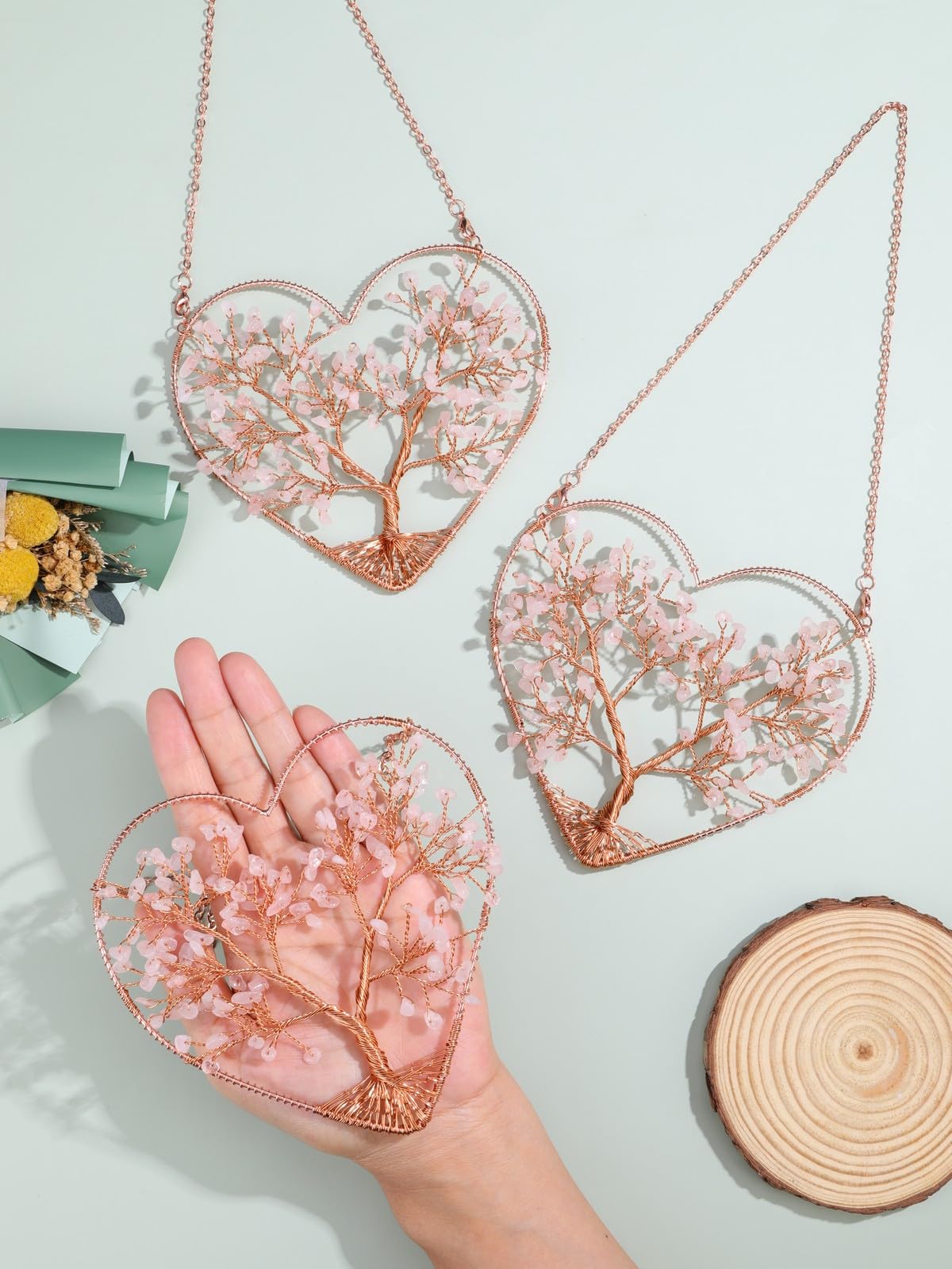 CrystalTears Rose Quartz Crystal Tree Life Heart Hanging Ornament for Home Wall Window Room Decor, Healing Crystals Gemstone Wall Hanger, Positive Crystal Gifts for Women Mom Birthday Christmas
