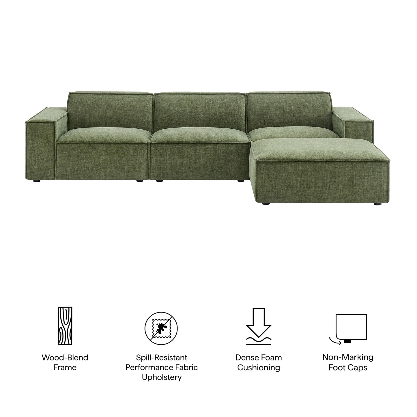 Modway Restore Performance Fabric Upholstered 4-Piece Modular Sofa Set with Ottoman in Foliage - Low Profile Sectional Sofa with Coil Seat Support and French Piping