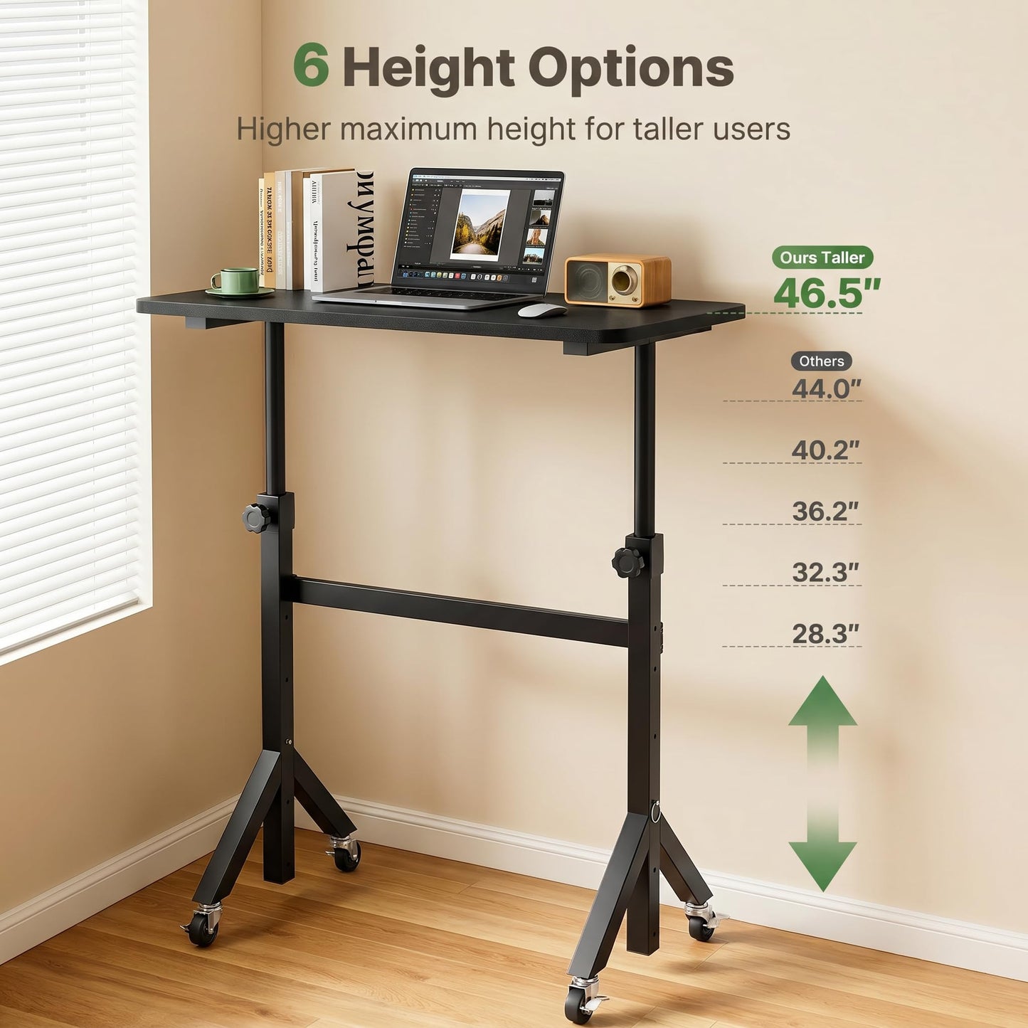 Marsail Mobile Stand Up Desk with Wheels, Adjustable Height Desk from 28.3″ to 46.5″, Rolling Standing Desk with Lockable Wheels, Portable Small Desk for Walking Pad and Treadmill, Black