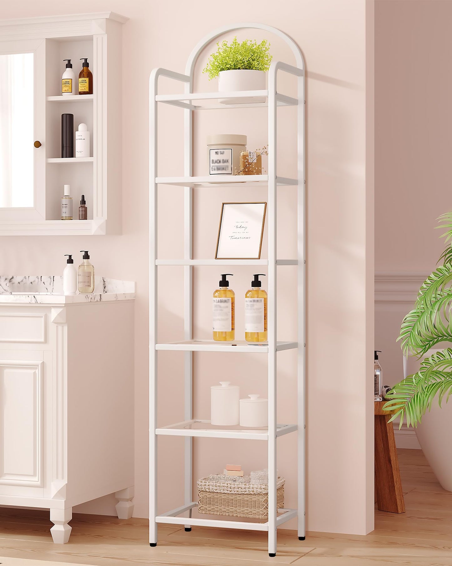 Hzuaneri Bookcase Bookshelf, Tempered Glass Bookshelves, Slim Shelving Unit for Bedroom, Bathroom, Home Office, Steel Frame, 6 Tier White BC10699W