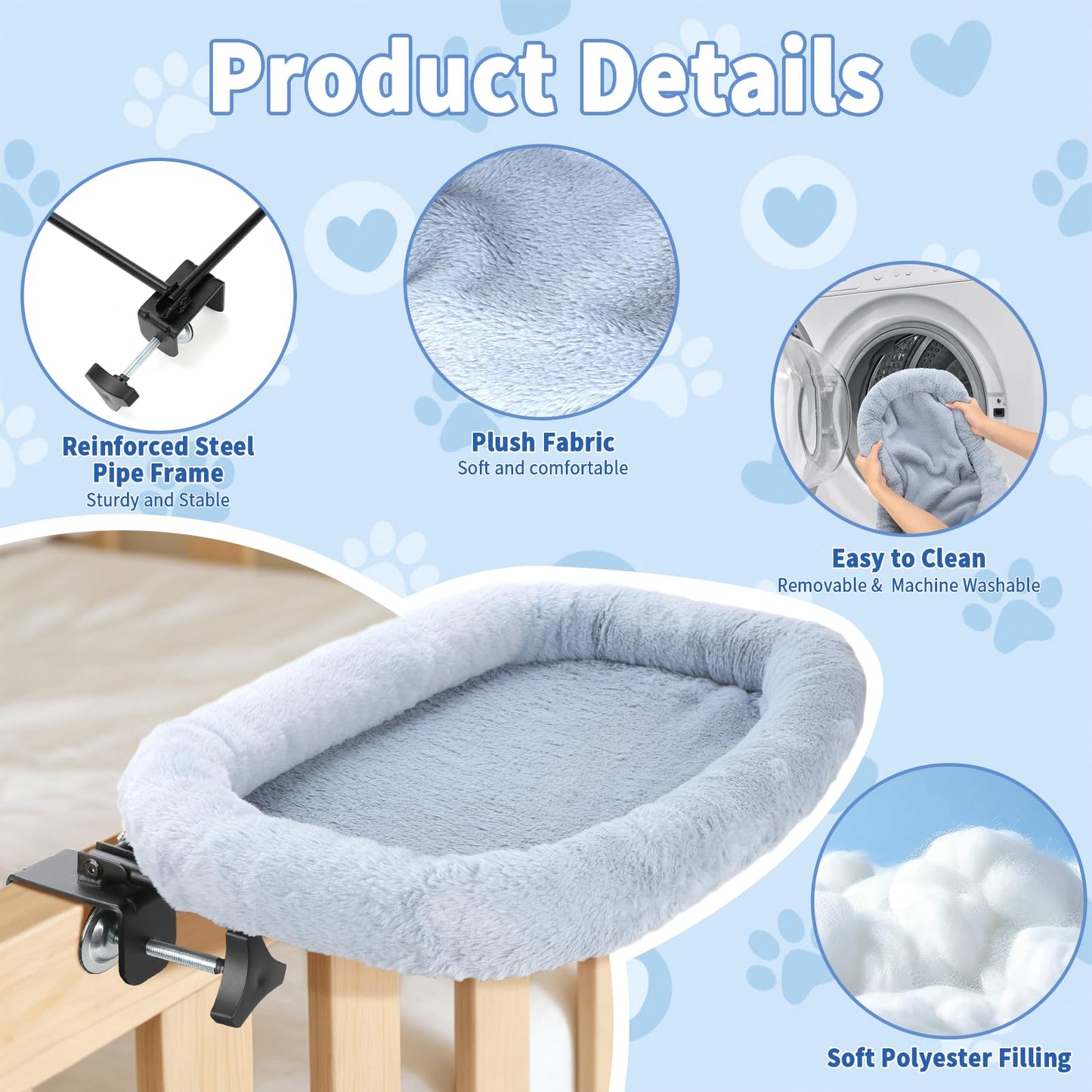 Midollarle Bedside Cat Bed, 23"x14" Spacious Pet Beds Attached to Human Bed, Soft Plush Foldable Cat Beds with Steel Clamp, Removable & Washable Pet Bed Supports Up to 40lbs