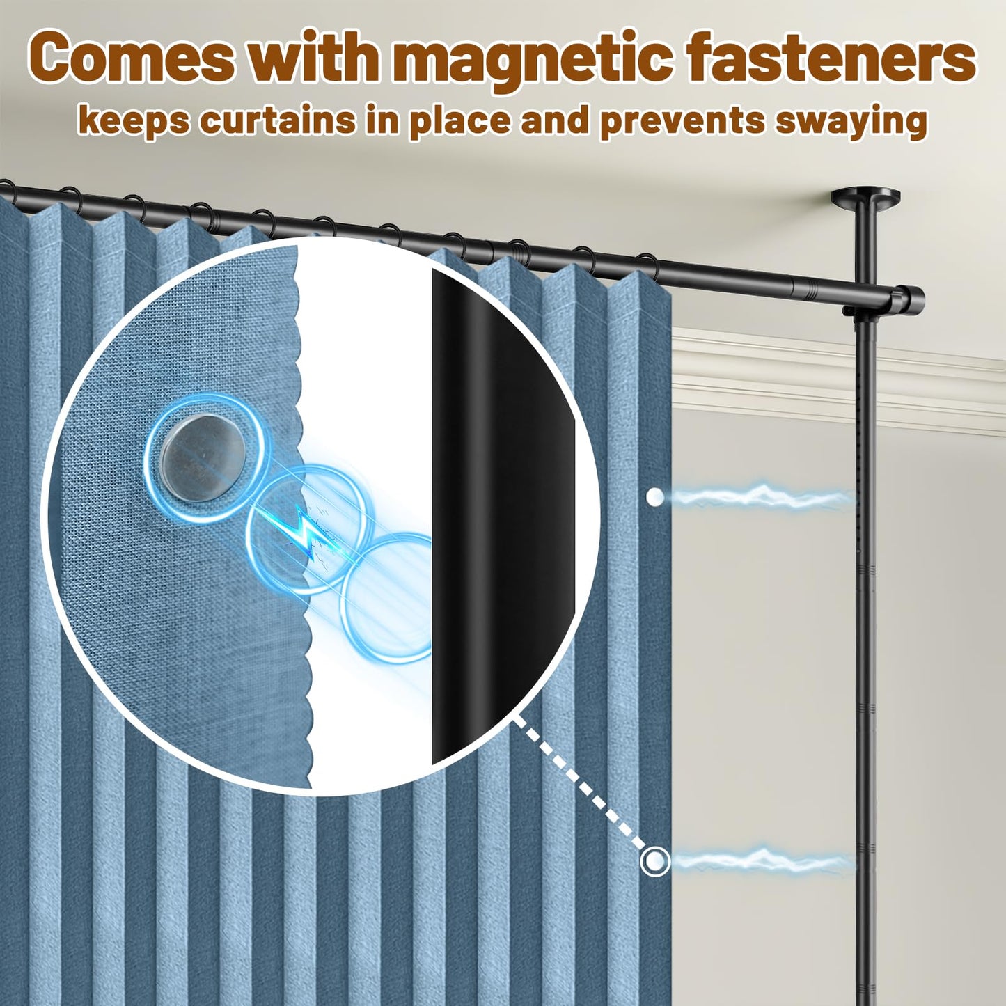 AJAZZ Room Divider Curtain (2 Panels, Blue, W100 x L96 in)+ Tension Curtain Rod No Drilling (H) 43-120×(W) 35-200 in, for Privacy/Soundproof Curtains, Heavy Duty Wall Separator