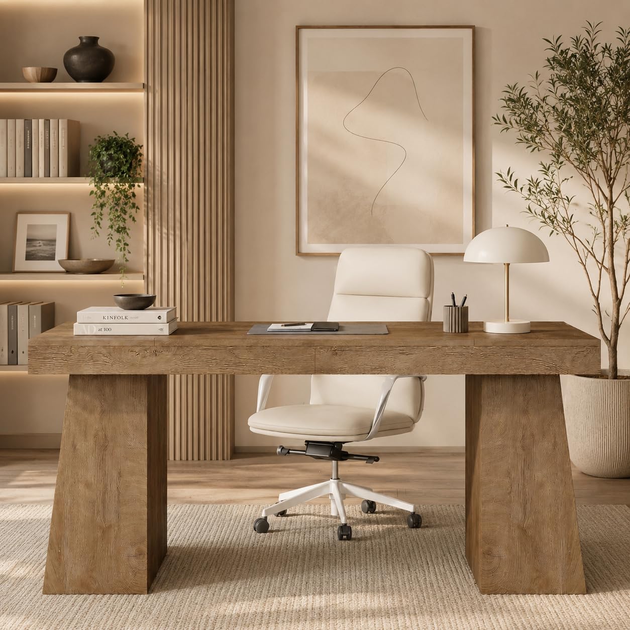 OpuVentorium 55.9" Oak Executive Desk with Power Outlets, Modern Home Office Desk with Storage Cabinet, Wooden Computer Desk for Workstation and Conference Use