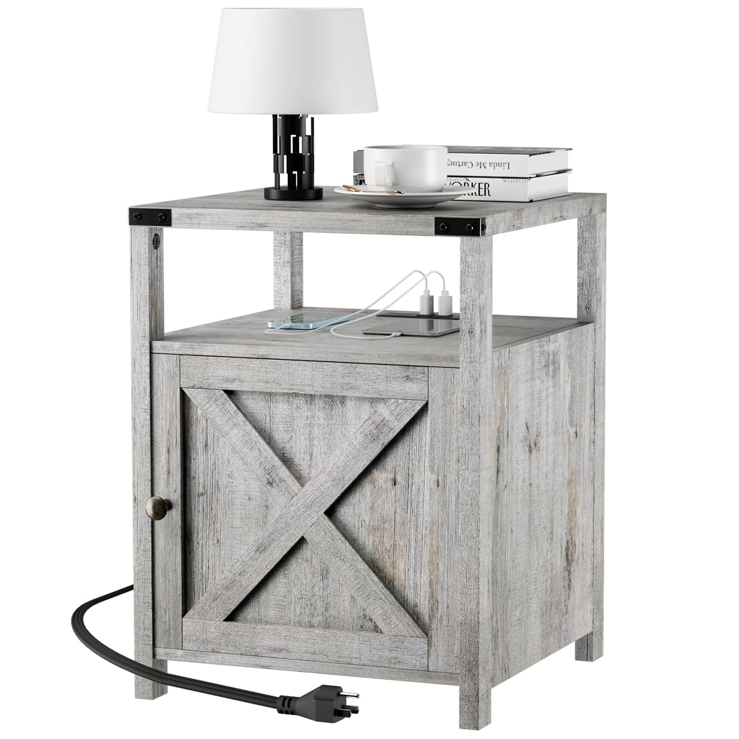 HOSEOKA Farmhouse Nightstand with Charging Station, Grayish White End Table Bedroom with Storage Living Room Side Table Beige Night Stand Industrial Bedside Bed Table with USB Ports and Outlets